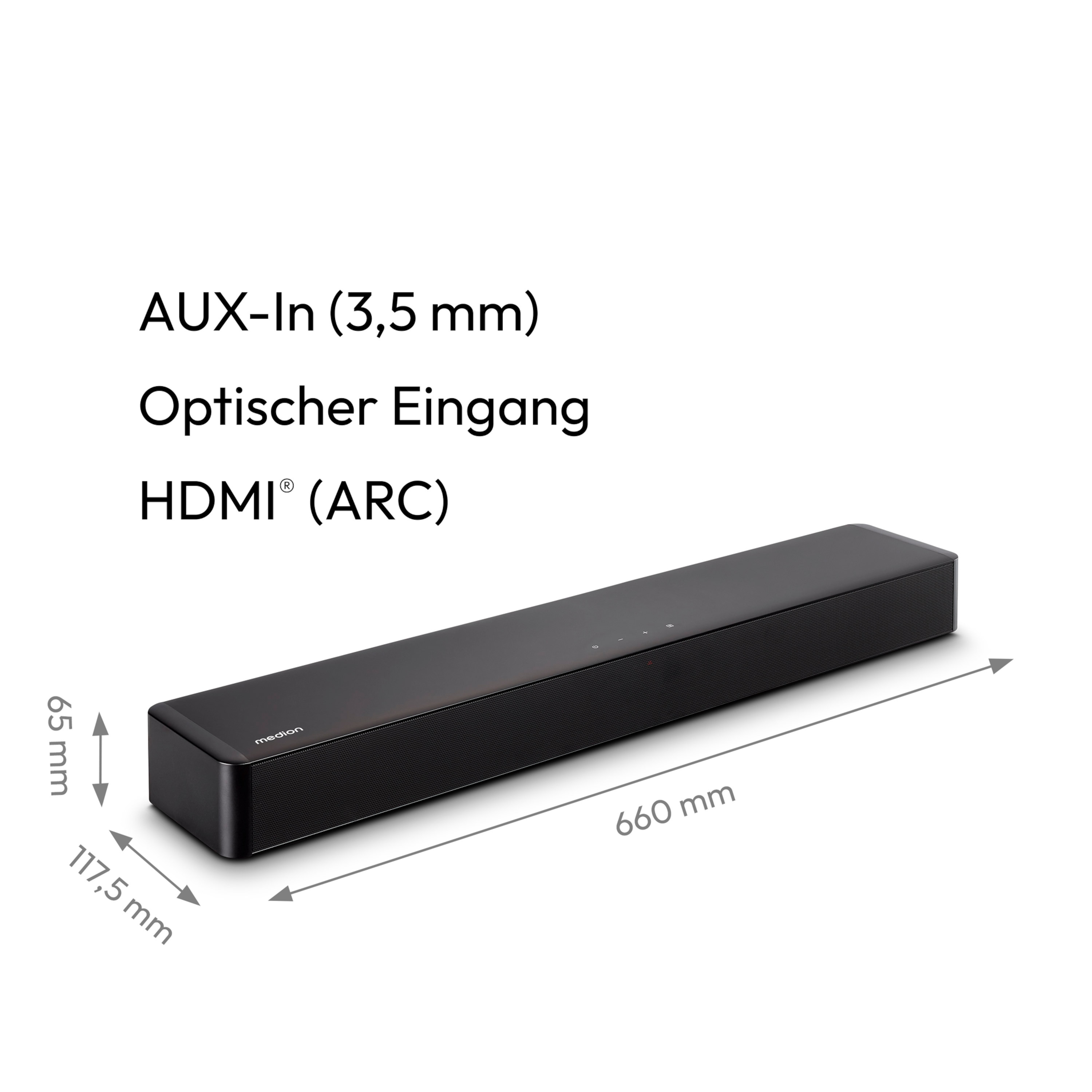 MEDION® LIFE® P61155 2.0 Soundbar, ideale Ergänzung zum TV bzw. Heimkino, kabellose Musikübertragung von Smartphone & Co via Bluetooth® 5.1, kompakte Soundbar mit Touch- & Fernbedienung