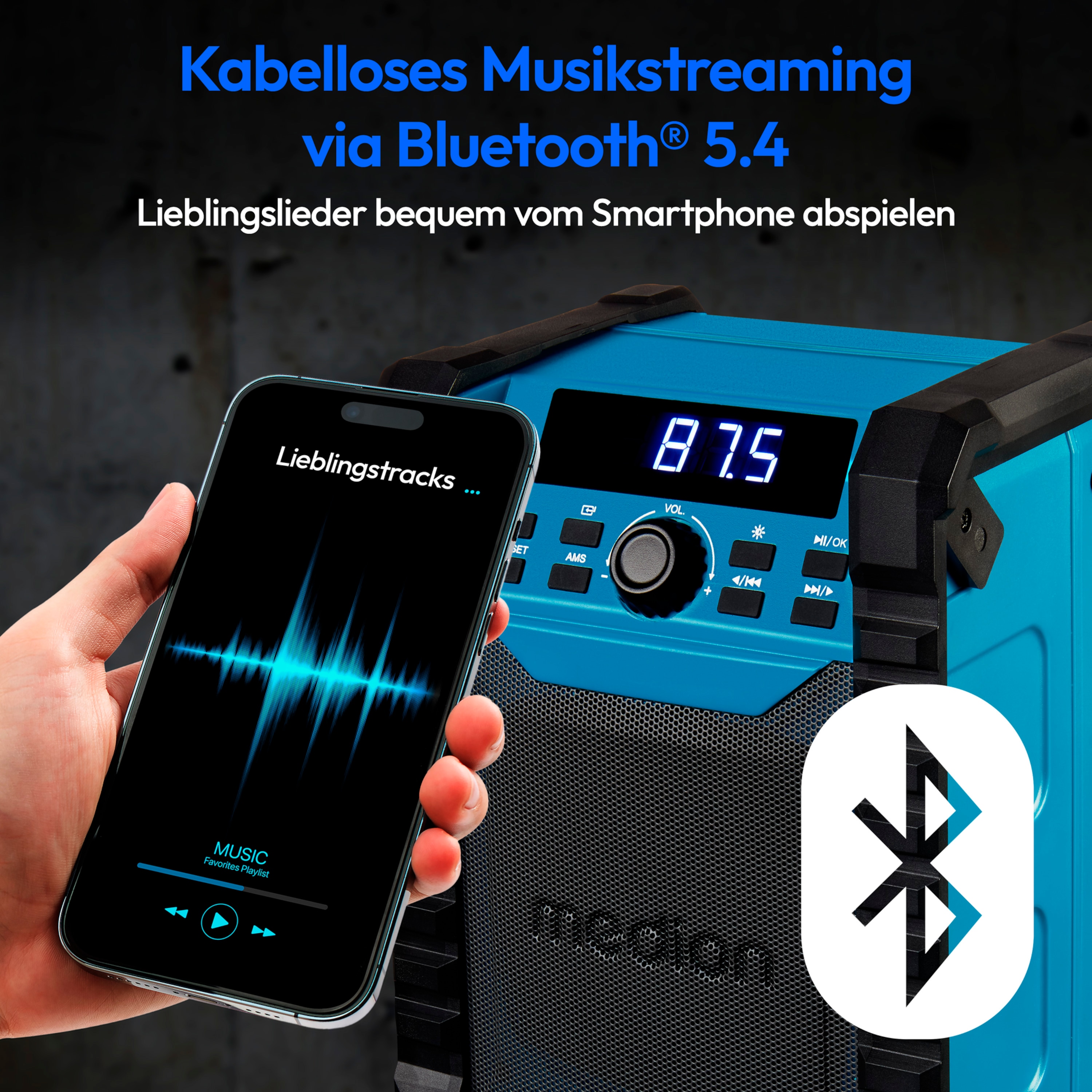 MEDION® LIFE® E65895 Baustellenradio, PLL-UKW Radio, Bluetooth® 5.4, spritzwassergeschützt (IP54), robustes Gehäuse, 10 W RMS