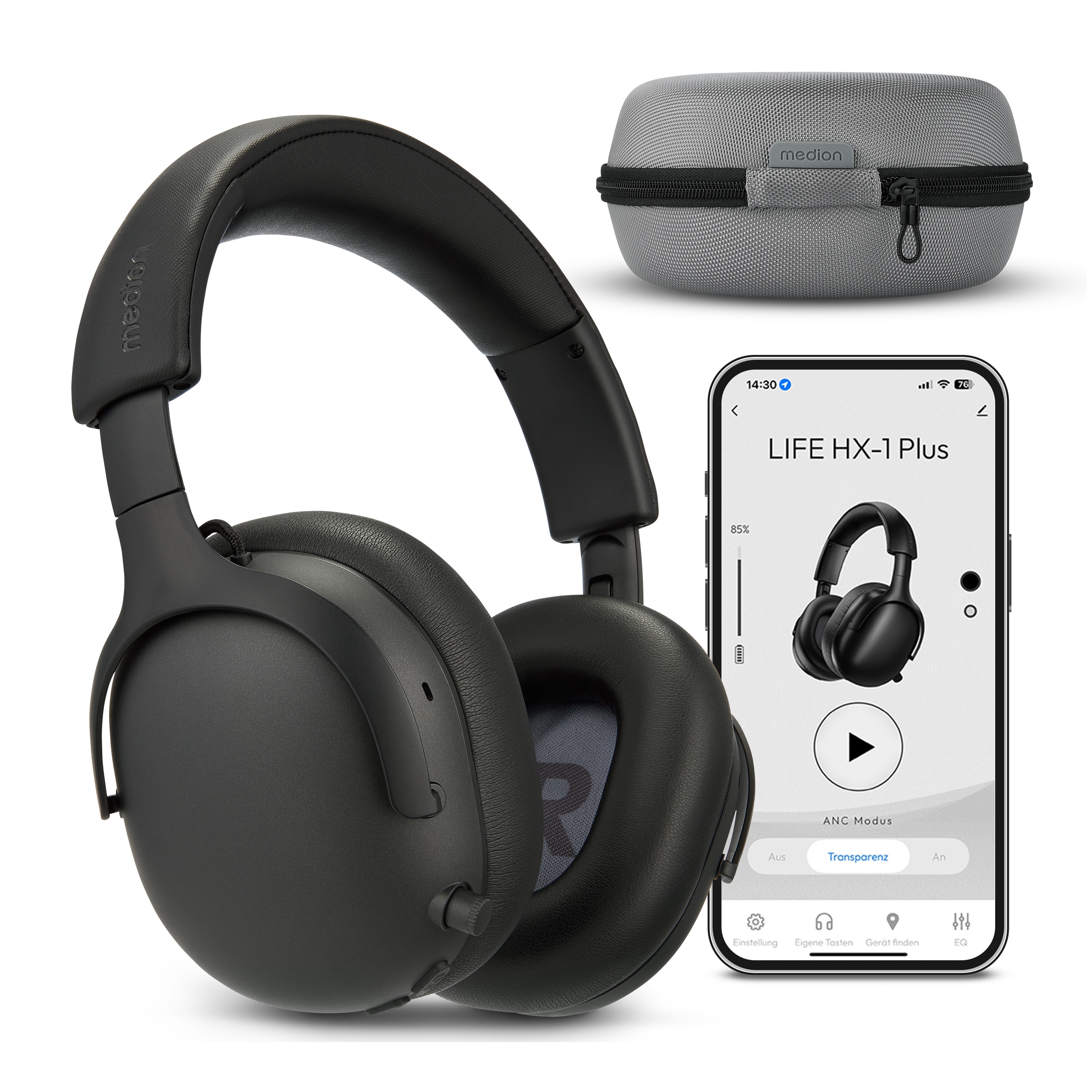 MEDION Over Ear-Kopfhörer HX-1 Plus schwarz, bis zu 100 Stunden Akkulaufzeit, 5 EQ-Presets + 1 App-Preset, Feed Forward Noise Cancelling, Bluetooth