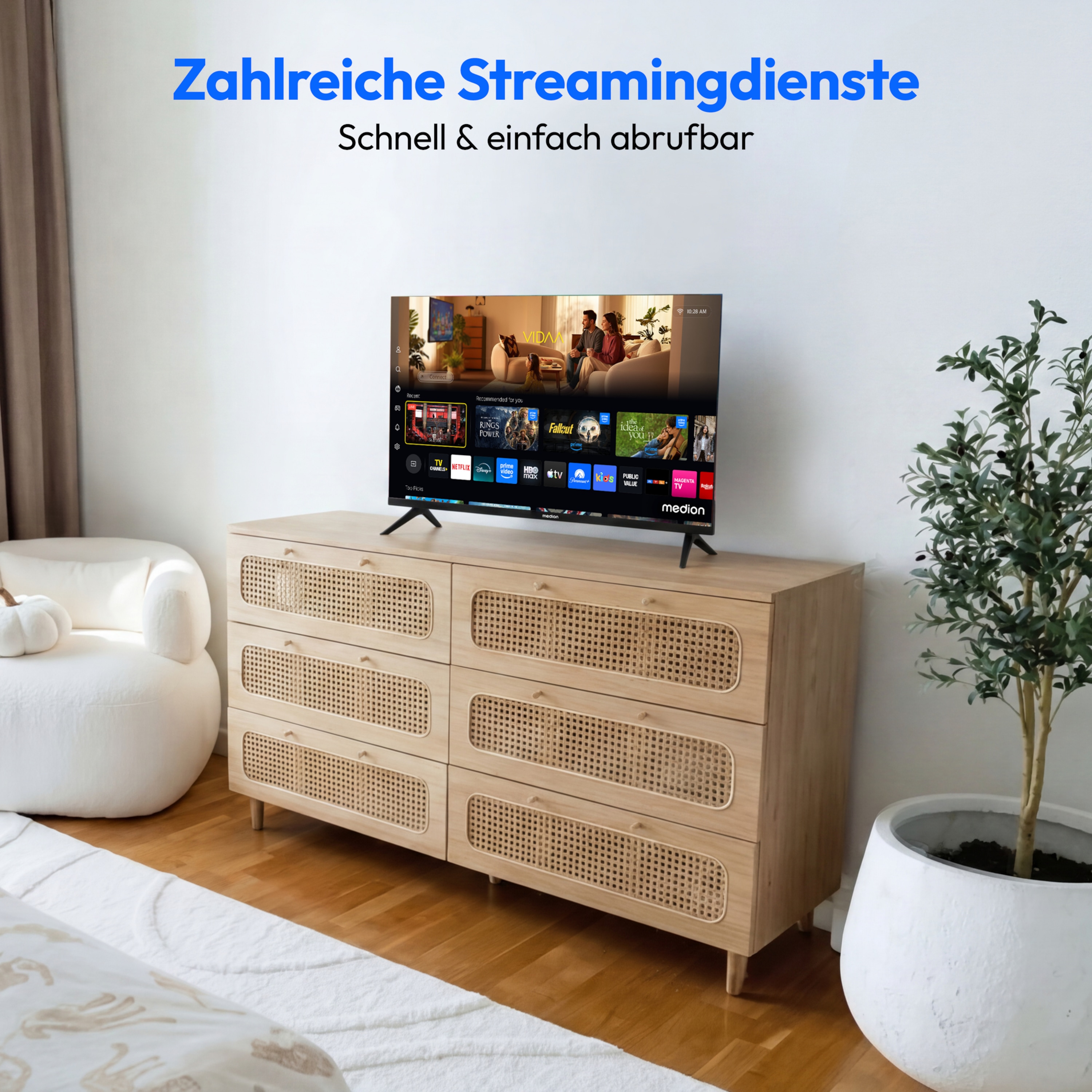 MEDION® LIFE MD 824102 Smart-TV, 59,9 cm (24'') HD Display, PVR ready, HD Triple Tuner, VIDAA App Store, NETFLIX, Disney+, DAZN, Amazon Prime Video, Paramount+, Apple TV, Magenta TV, HBOmax, RTL+, Joyn App