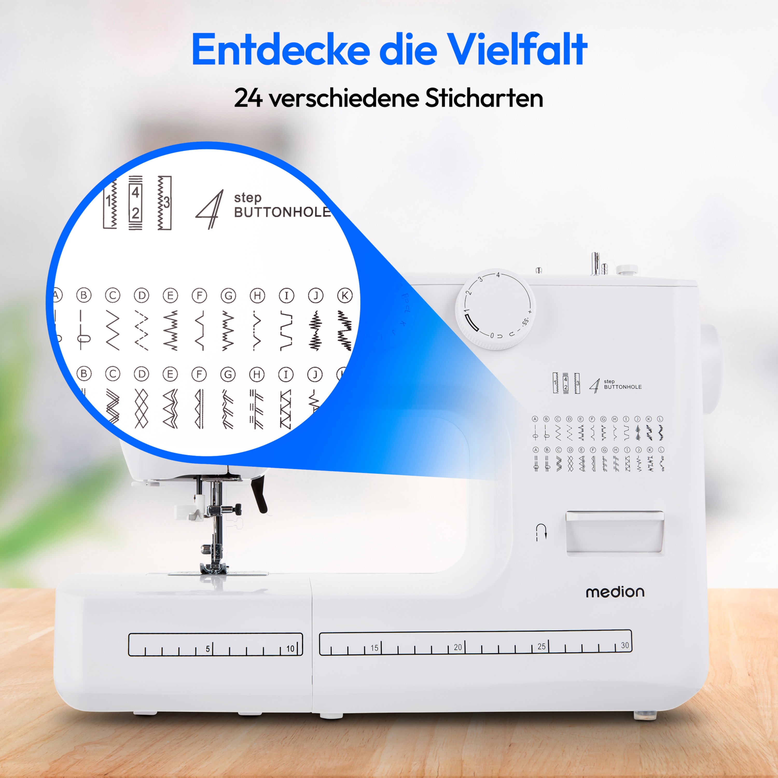 MEDION® LIFE® Freiarm-Nähmaschine SM60 (MD10689), einstellbare Stichlänge und Stichbreite, automatischer Einfädler, 60 verschiedene Stichmuster, integriertes Zubehörfach, 60 Watt Motorleistung