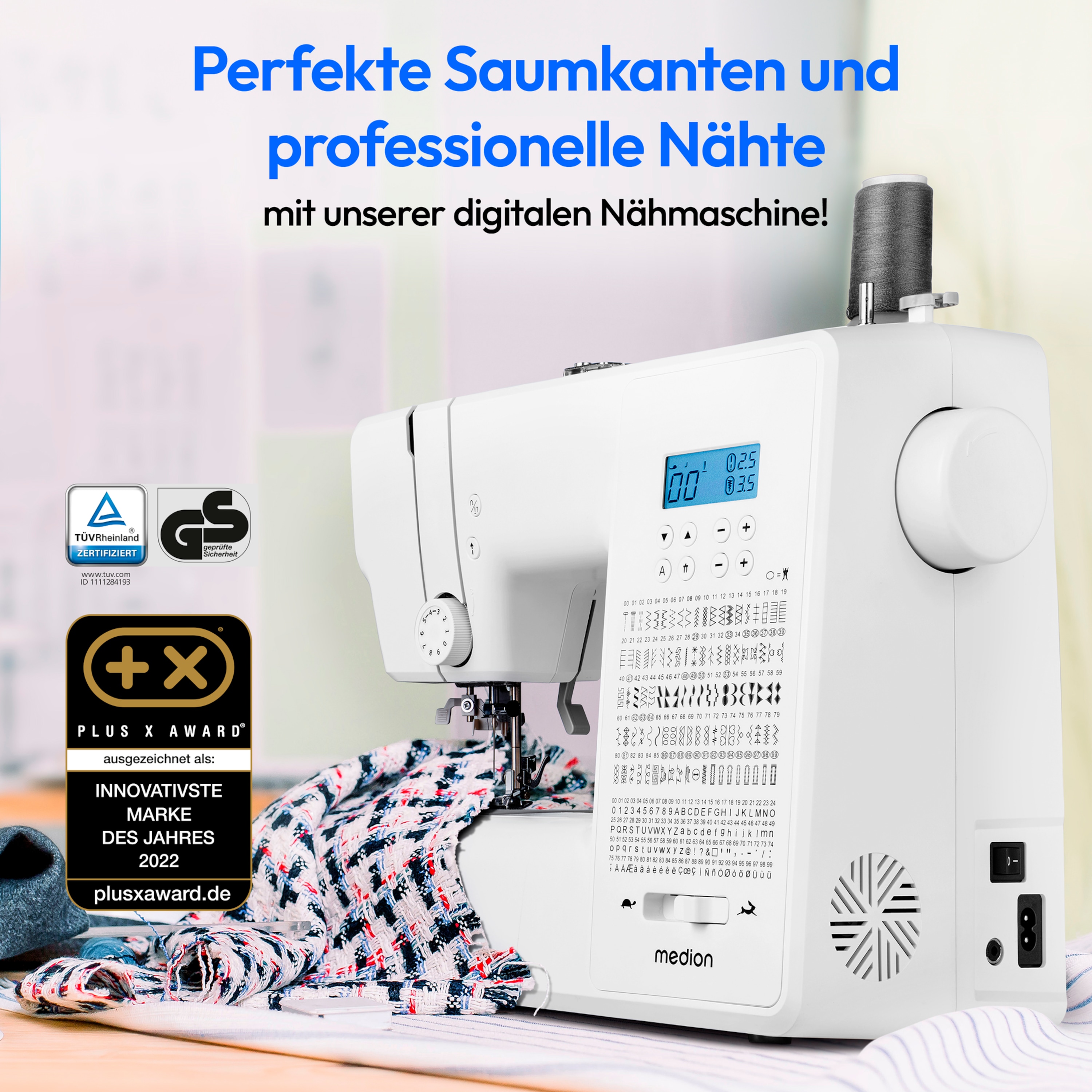 MEDION® LIFE® Digitale Nähmaschine SD36 (MD11881), einstellbare Stichlänge und Stichbreite, 270 Stichmuster, Integriertes Zubehörfach, 36 Watt Motorleistung