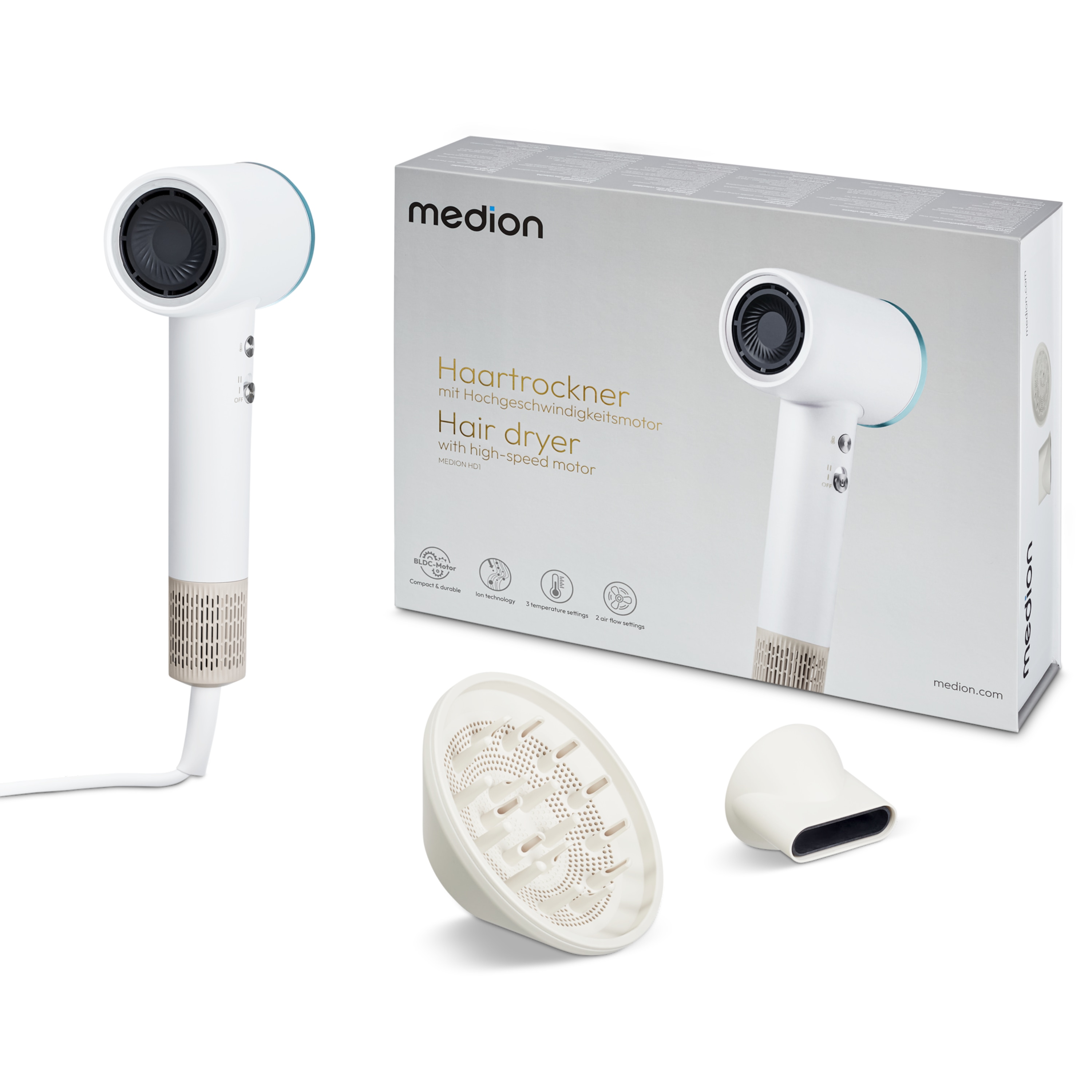 MEDION® LIFE HD1 Haartrockner mit Ionen-Technologie, 1.600 Watt, Selbstreinigungsfunktion, Magnetische Aufsätze: Stylingdüse und Diffusor, 3 Temperatur- und 2 Luftstromstufen