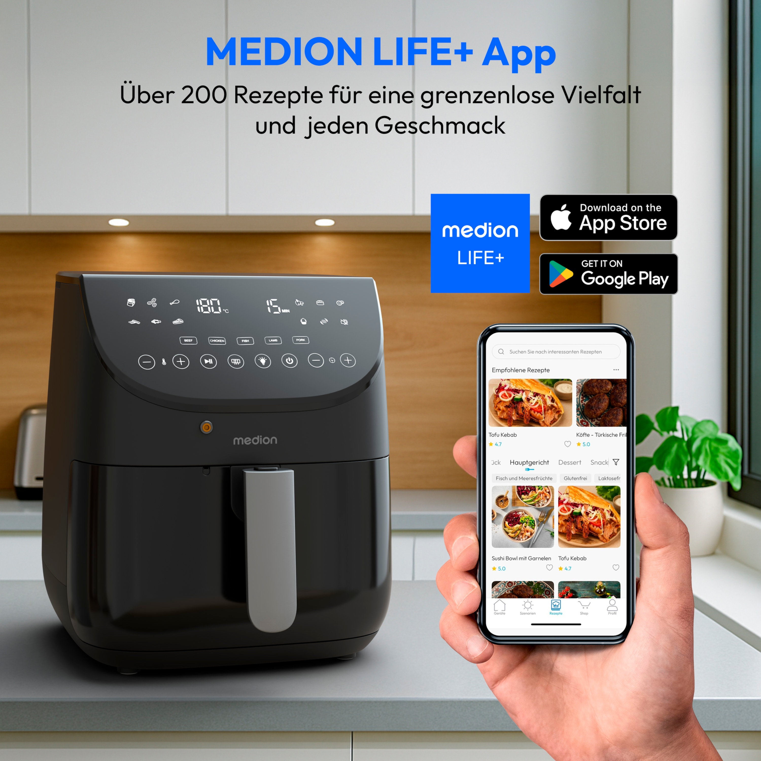 MEDION® LIFE Heißluftfritteuse X20 XL (MD13060), Temperaturfühler, MEDION Life+ App, Touch-Sensor- Bedienfeld, 6,6 L Fassungsvermögen, 10 Automatikprogramme, 5 Fleischprogramme