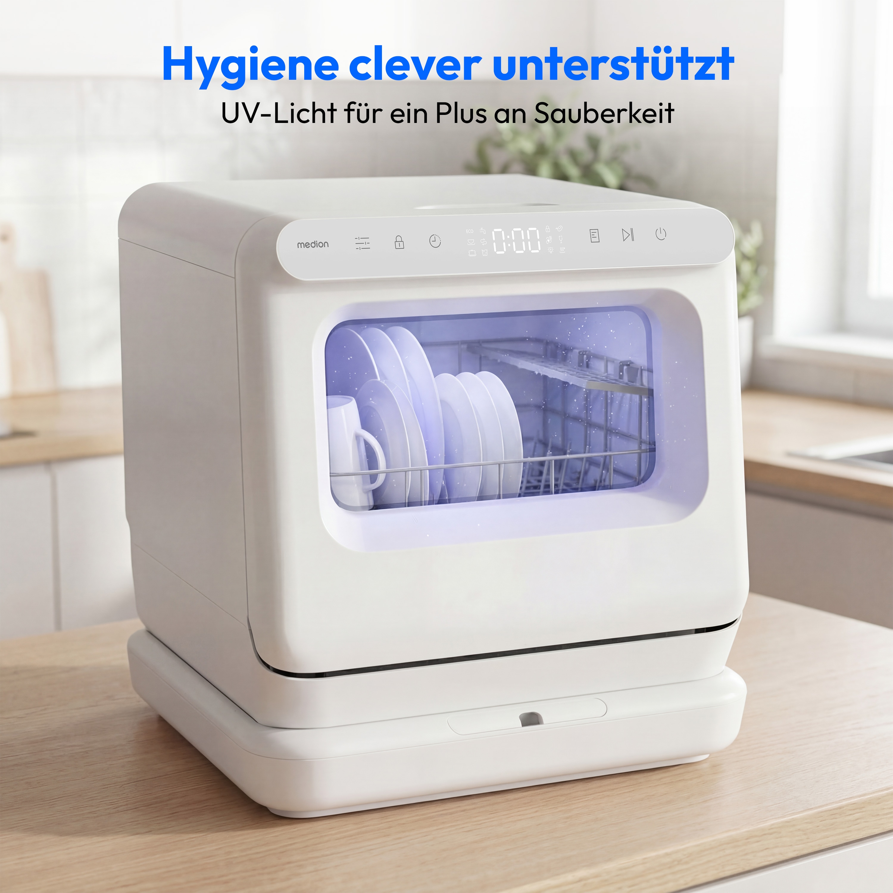 MEDION® LIFE Mini-Geschirrspüler DWT30 (MD370022), 3 Maßgedecke, 3-in-1 Betrieb mit Wassertank, 6 Programme, UV-Licht, Lüfter-Trocknung, LED-Touch-Display