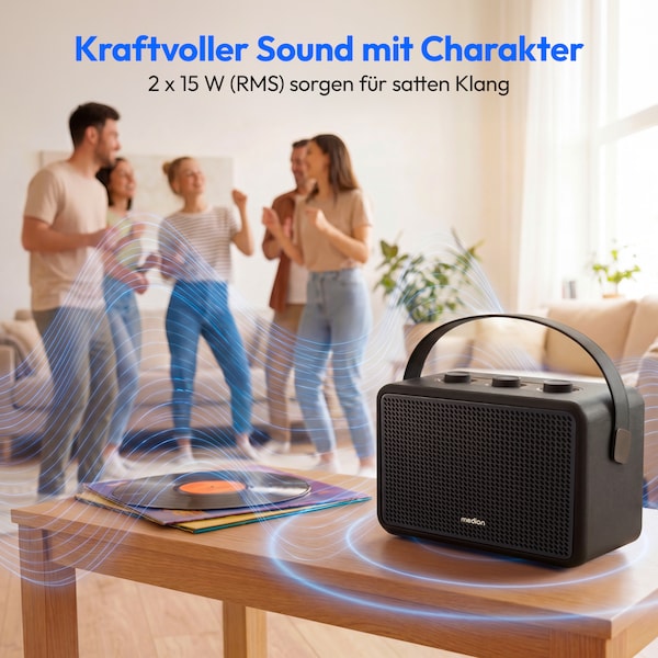 MEDION® LIFE BXO-1 Bluetooth® Lautsprecher schwarz, 2 x 15W RMS, integrierter Akku mit bis zu 15 Stunden Laufzeit, Bluetooth® 5.3, robustes & mobiles Design