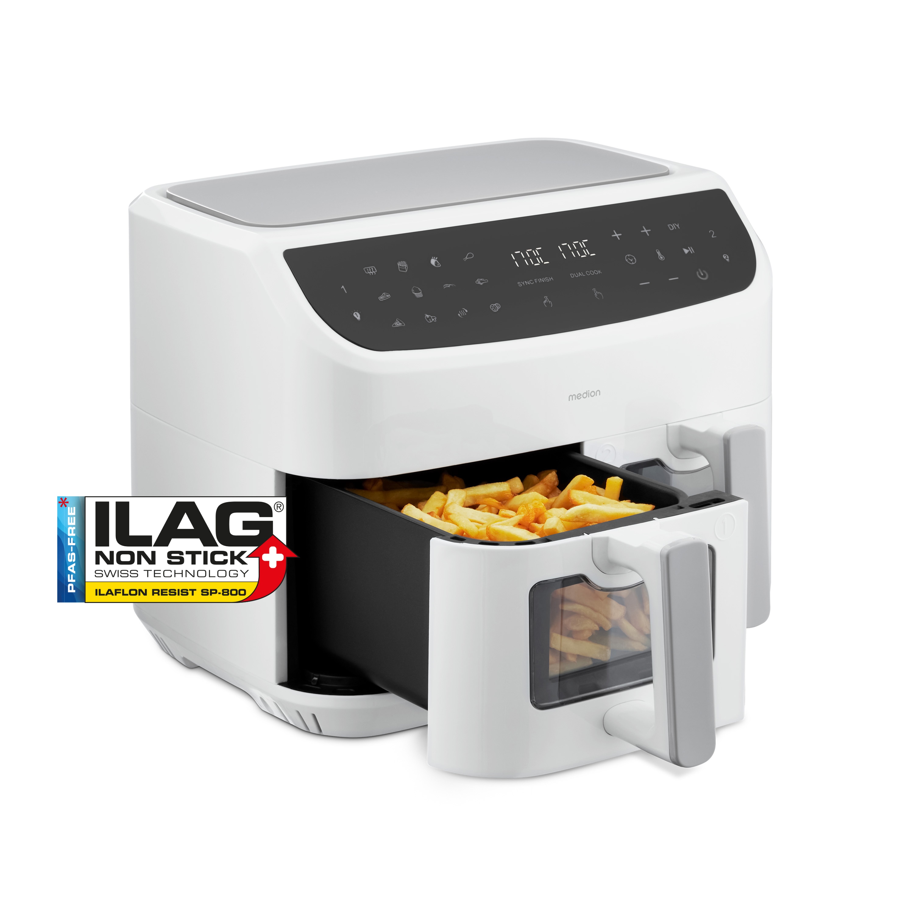 MEDION® LIFE® P20 XXL Twin Doppelzonen-Heißluftfritteuse MD 11760, 100 Rezepte in der Life+ App, 2 separate Garzonen, 9 Automatikprogramme, 8,7 L Gesamt-Nutzinhalt, 2.600 Watt, Temperatur einstellbar bis 200 °C
