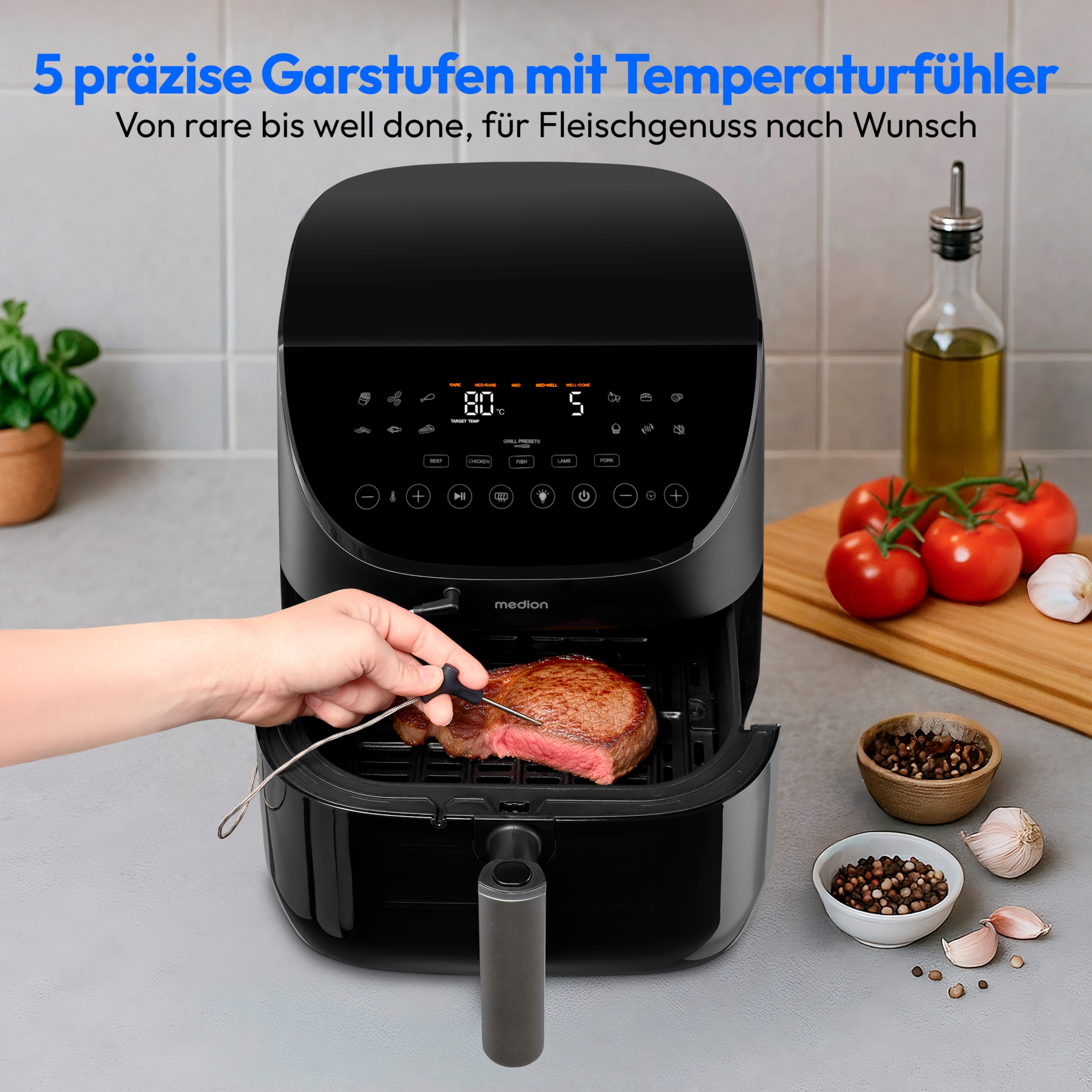 MEDION® LIFE Heißluftfritteuse X20 XL (MD13060), Temperaturfühler, MEDION Life+ App, Touch-Sensor- Bedienfeld, 6,6 L Fassungsvermögen, 10 Automatikprogramme, 5 Fleischprogramme