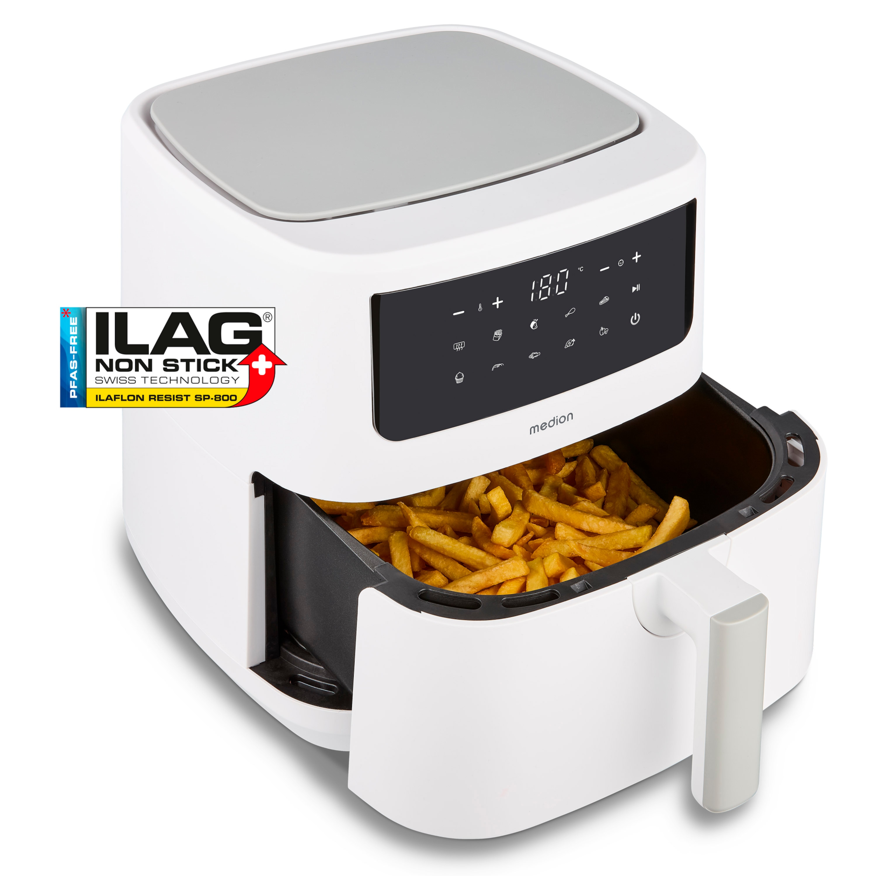 MEDION® LIFE® P10 XL Duo matt Heißluftfritteuse MD 11750, 100 Rezepte in der Life+ App, mit 2 Heizelementen, 2.150 W Gesamtleistung, ölfreies Frittieren, 9 Automatikprogramme, 6,8 L Nutzinhalt