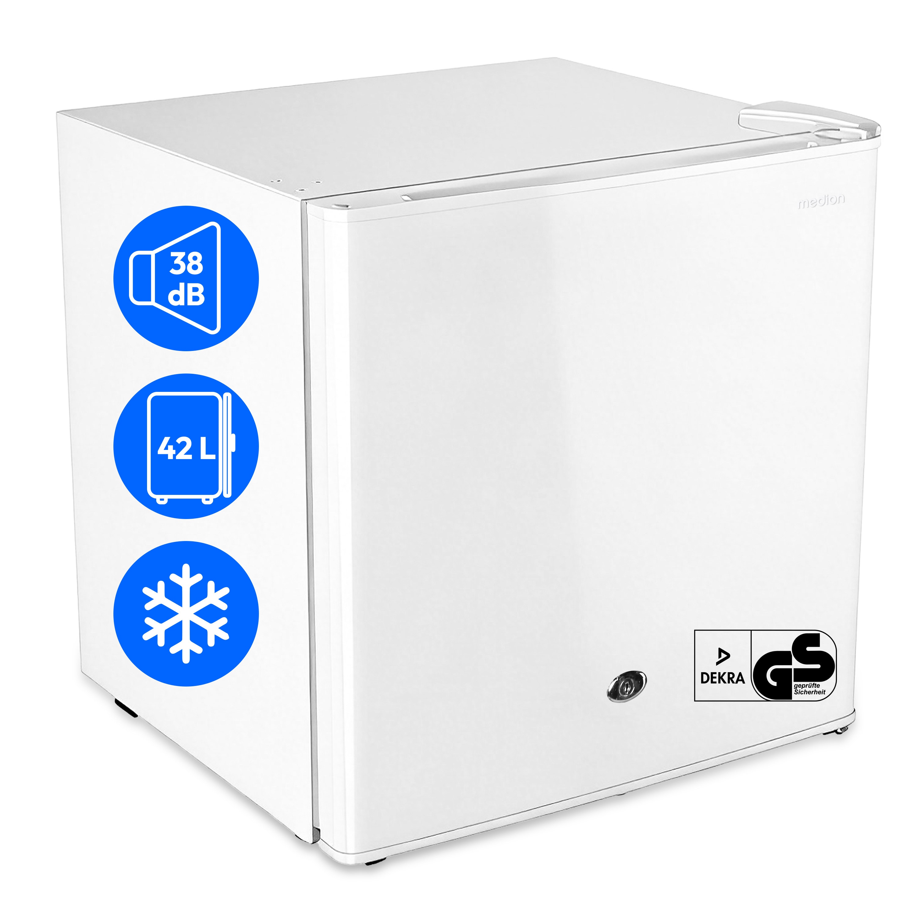 MEDION® LIFE Mini-Kühlschrank mit Eisfach und Schloss MD370001, 42 L Gesamtnutzinhalt (Kühlteil 37 L & Eisfach 5 L), wechselbarer Türanschlag, Schloss, geringer Geräuschpegel