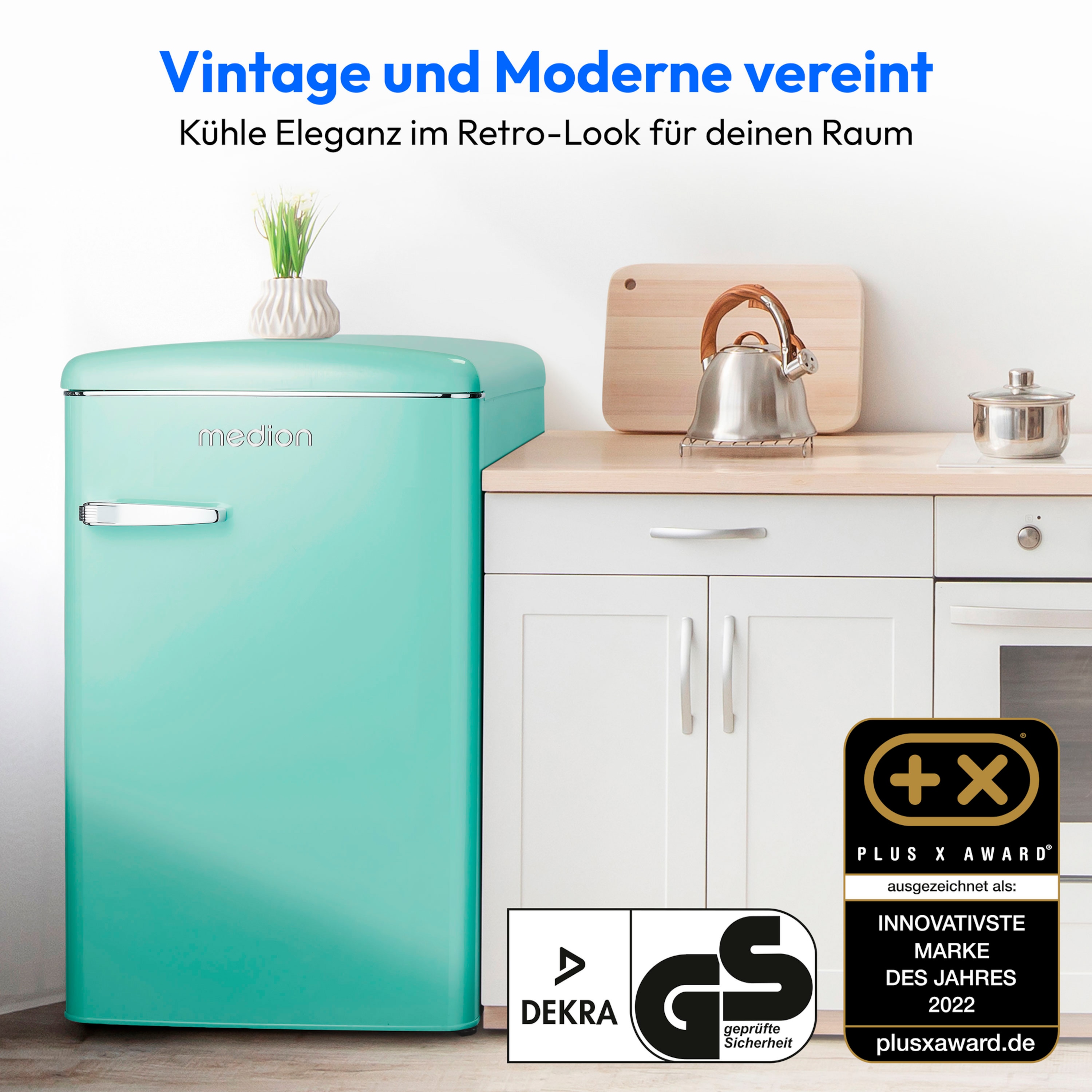 MEDION® LIFE® Retro Kühlschrank mit Gefrierfach MD37790, 108 L Gesamtnutzinhalt, 37 dB, höhenverstellbare Füße, Energieeffiziensklasse D
