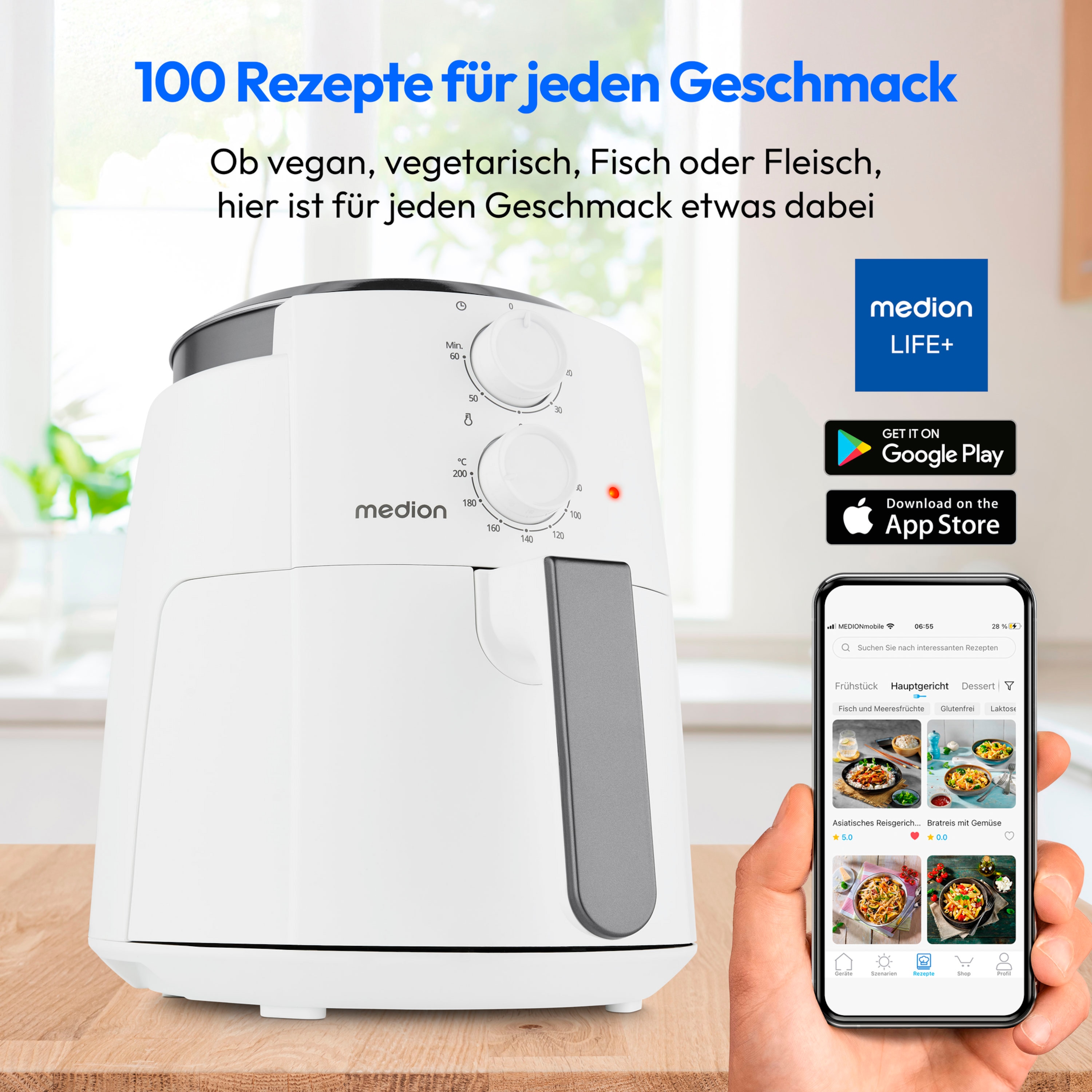 MEDION® LIFE Heißluftfritteuse P30 L (MD13020), 100 Rezepte in der Life+ App¹, 4,7 Liter Fassungsvermögen, 1.500 Watt, 60 min. Timer