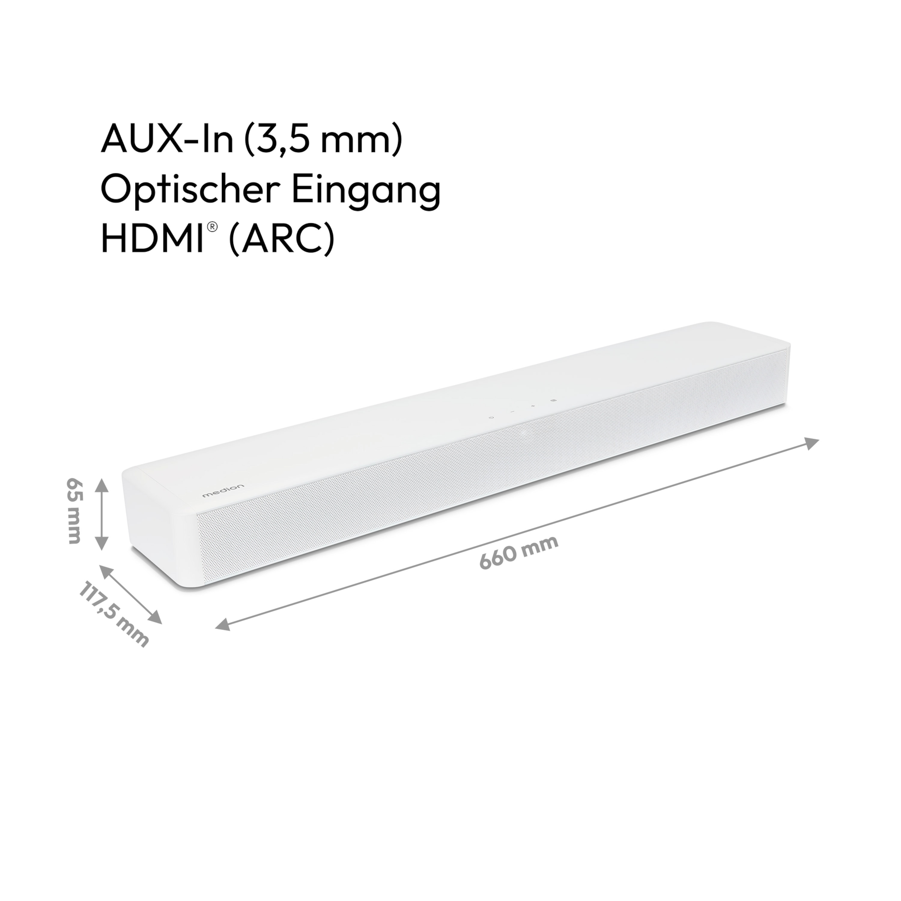 MEDION® LIFE® P61155 2.0 Soundbar, ideale Ergänzung zum TV bzw. Heimkino, kabellose Musikübertragung von Smartphone & Co via Bluetooth® 5.1, kompakte Soundbar mit Touch- & Fernbedienung