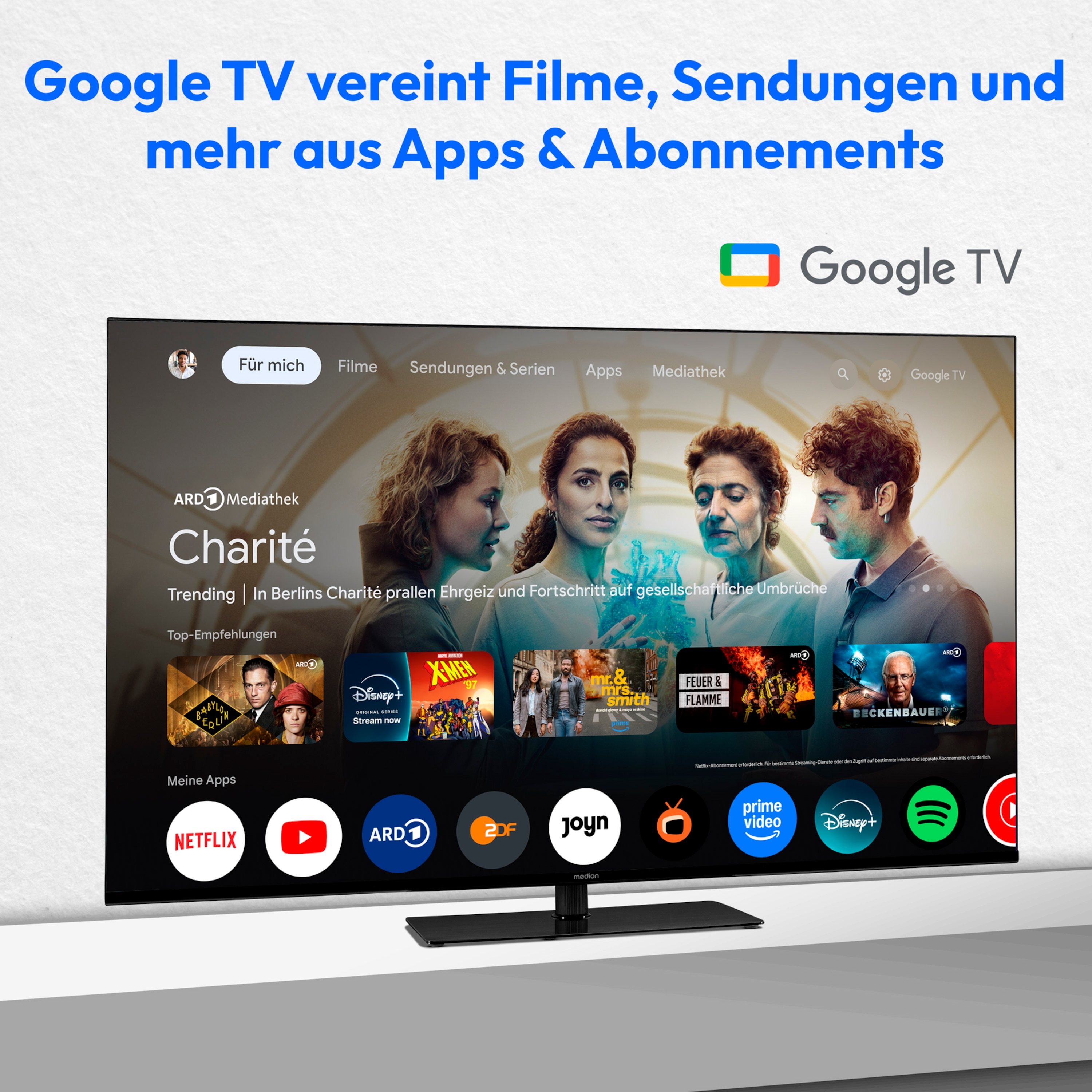 MEDION® LIFE® MD 865400 Google TV™, 163,9 cm (65'') Ultra HD, HDR, Dolby Vision®, MEMC, PVR ready, Netflix, Amazon Prime Video, Bluetooth®, Dolby Atmos, DTS Virtual X, DTS X, HD Triple Tuner, CI+ Schnittstelle