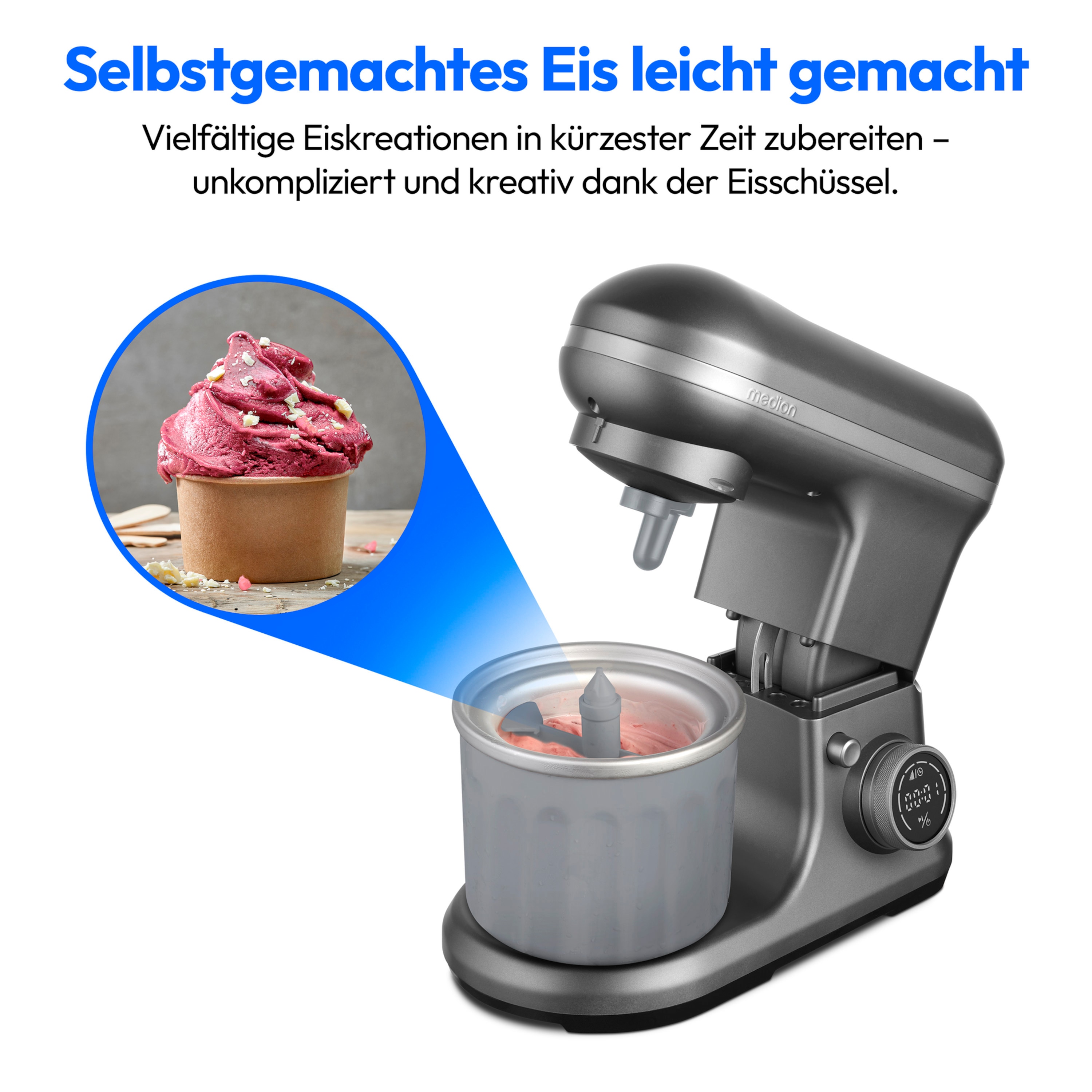 MEDION® LIFE® Digitale Küchenmaschine MD18420, 1.200 W, 8 Geschwindigkeitsstufen, Digitales Sensor-Touch-Display, inkl. Eisschüssel