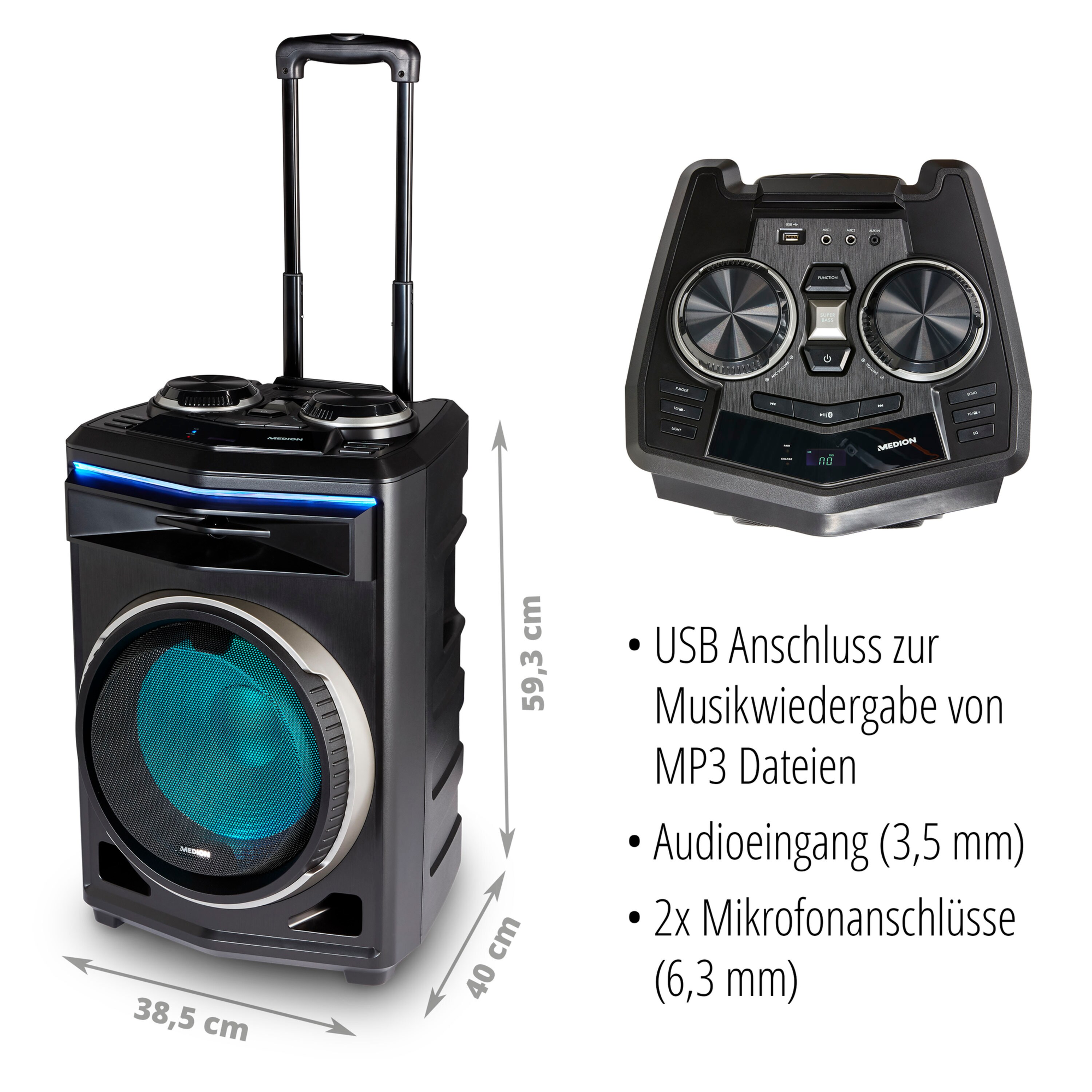 MEDION® LIFE® P61200 Partylautsprecher, tragbares Bluetooth® Soundsystem, verschiedene Lichteffekte, satter Sound, Teleskopgriff und Rollen, 350 W max. Musikausgangsleistung