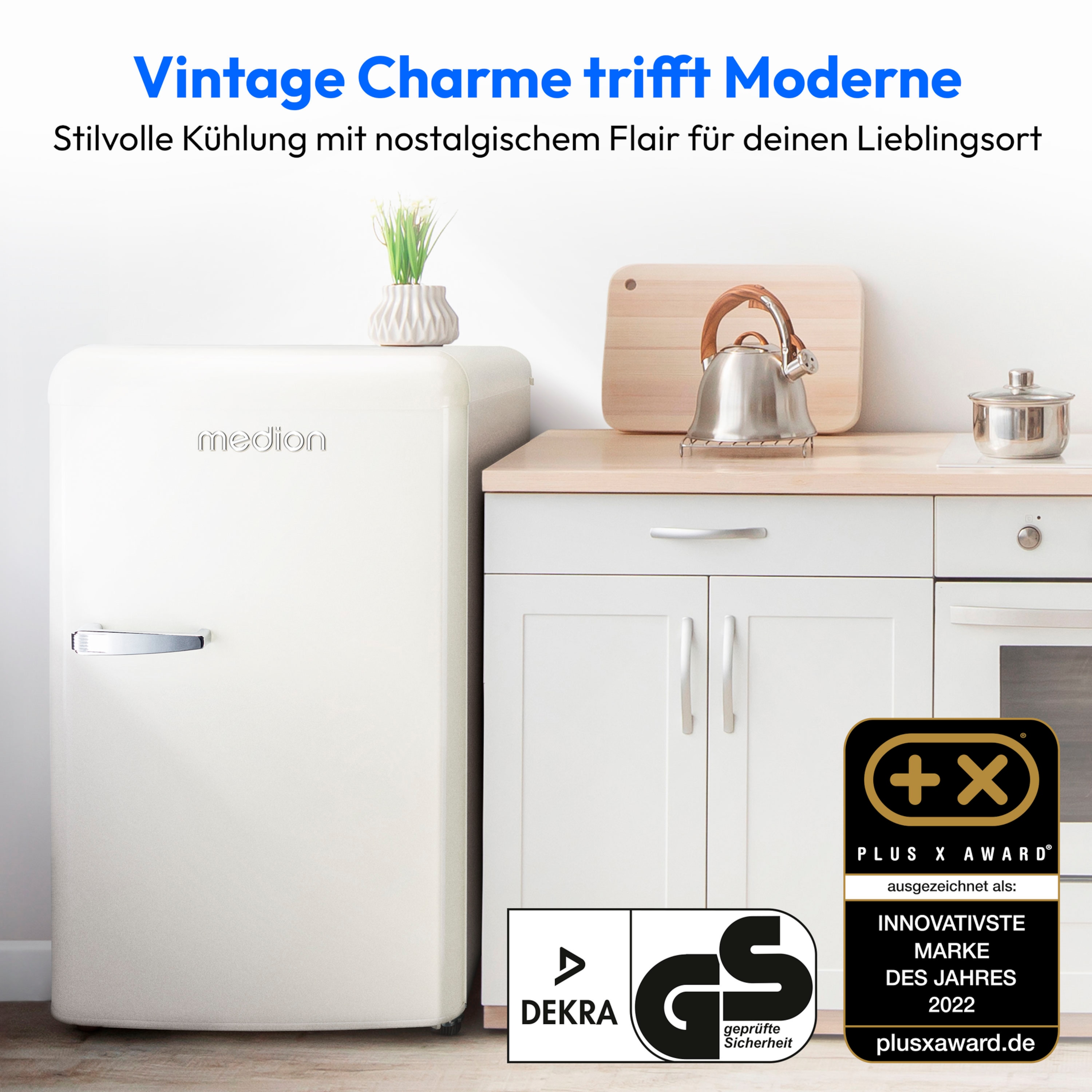 MEDION® LIFE® Retro-Kühlschrank MD 37800, 91 Liter Kühlraum, 38 dB, höhenverstellbare Füße, Energieverbrauch: 85 kWH/Jahr