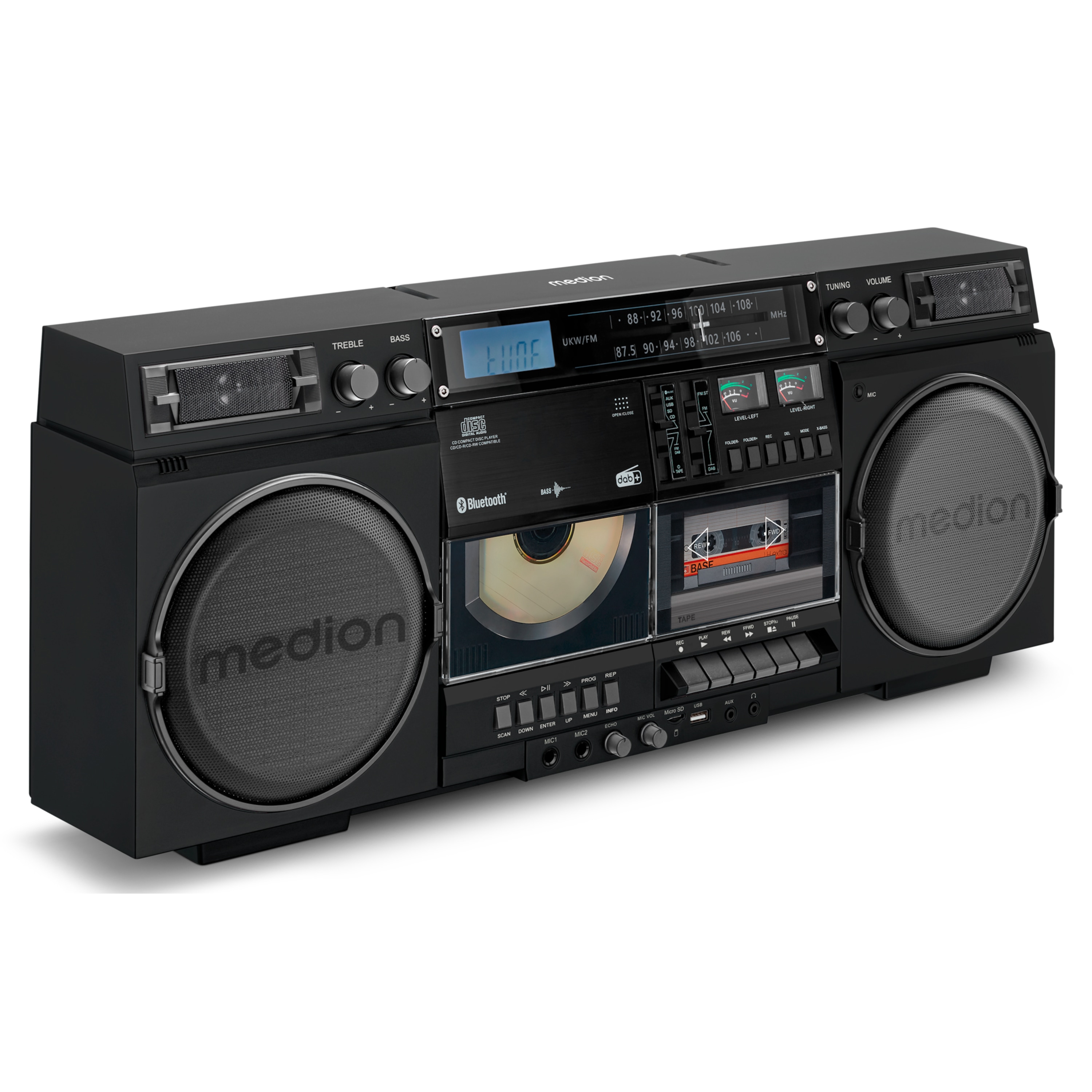 MEDION® LIFE® P66538 Retro-Boombox, DAB+/PLL-UKW Radio, Bluetooth® 5.3 für das Abspielen von Smartphone & Co, CD-Player, Kassettendeck, X-Bass Funktion, 2 x 10 W RMS