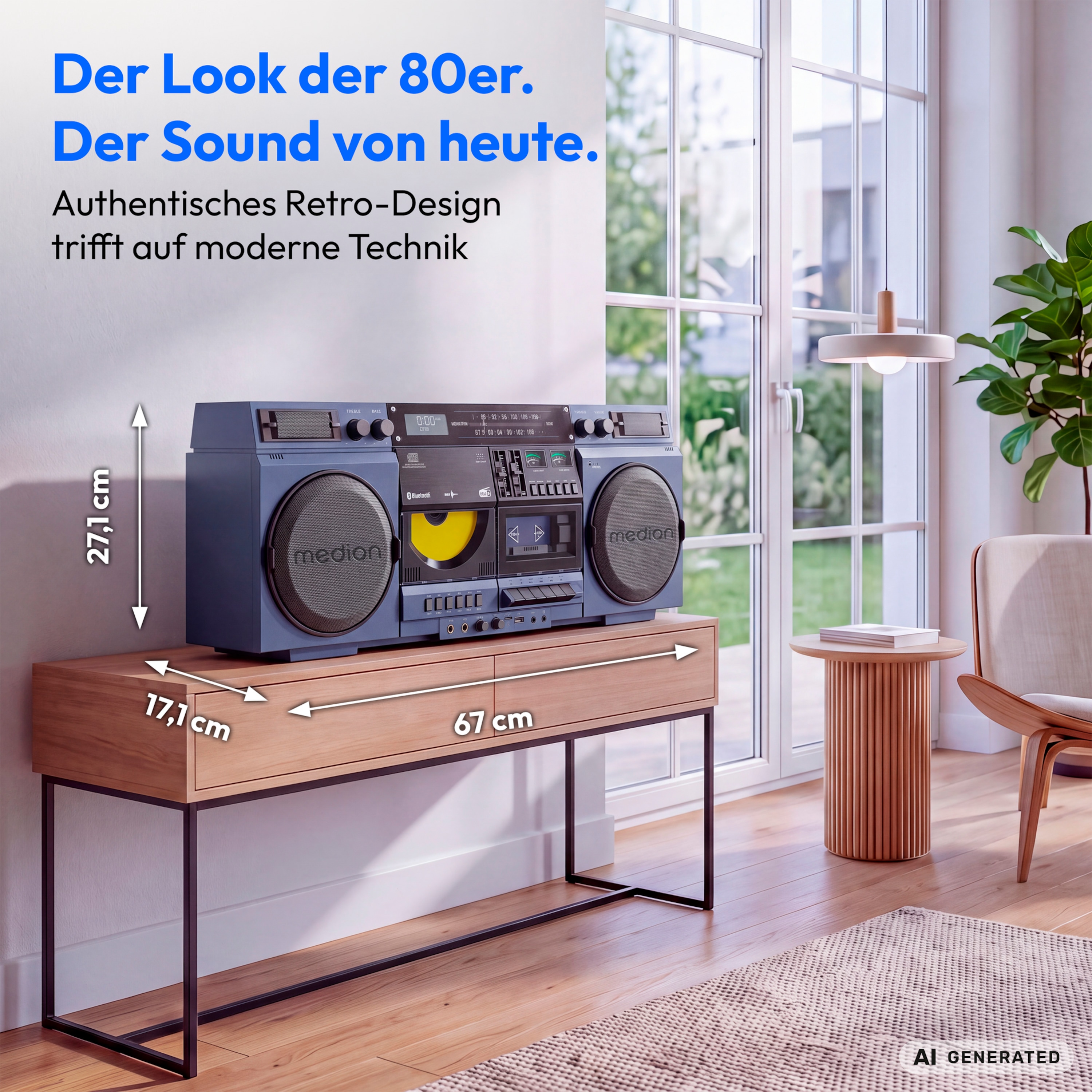 MEDION® LIFE P66538 Retro-Boombox blau, DAB+/PLL-UKW Radio, Bluetooth® 5.3 für das Abspielen von Smartphone & Co, CD-Player, Kassettendeck, X-Bass Funktion, 2 x 10 W RMS