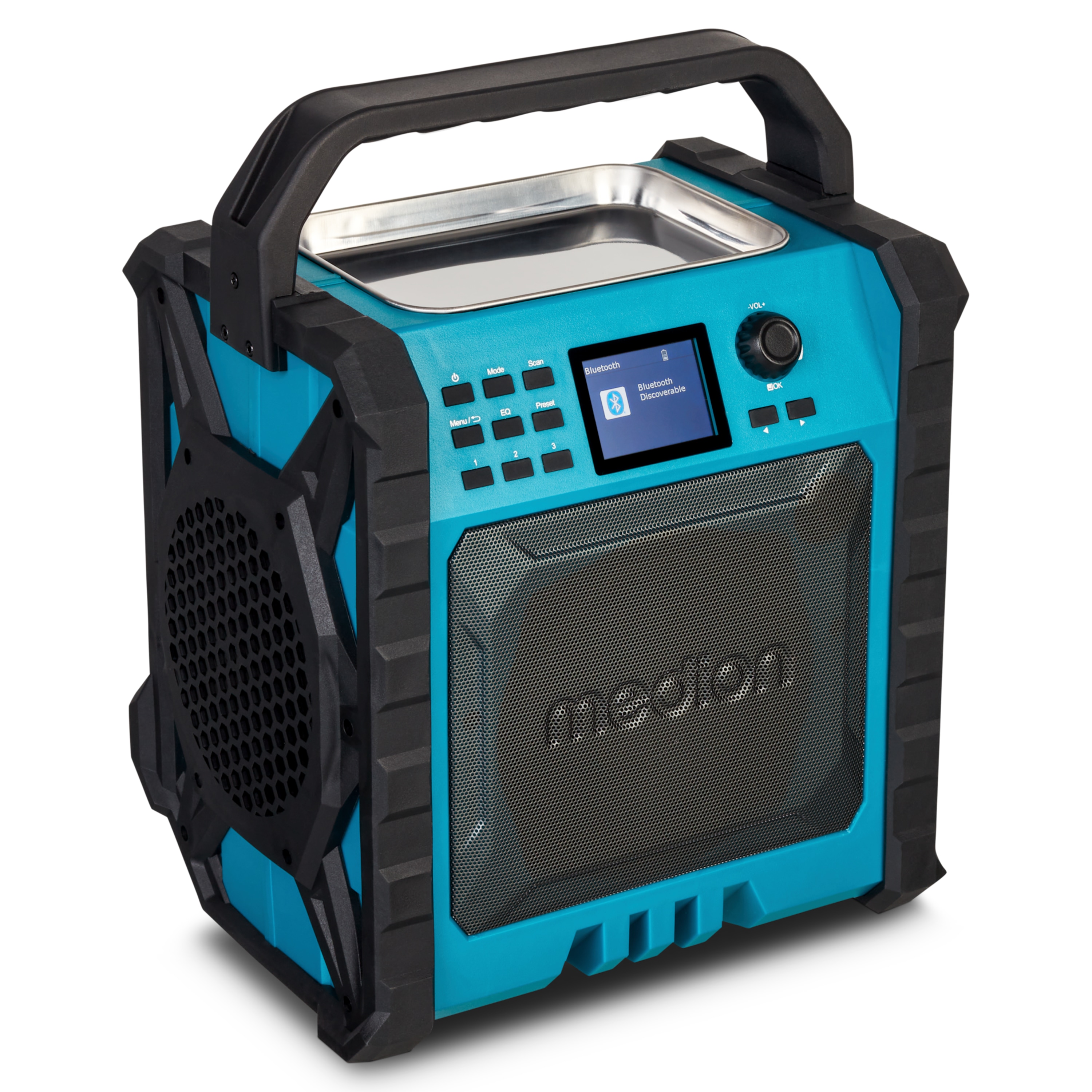 MEDION® LIFE® P66896 Premium Baustellenradio, 6,1 cm (2,4'') Farbdisplay, Bluetooth® 5.3, DAB+/UKW Radio, integr. Akku für bis zu 10 Stunden Laufzeit, zwei Passivradiatoren, 30 W RMS