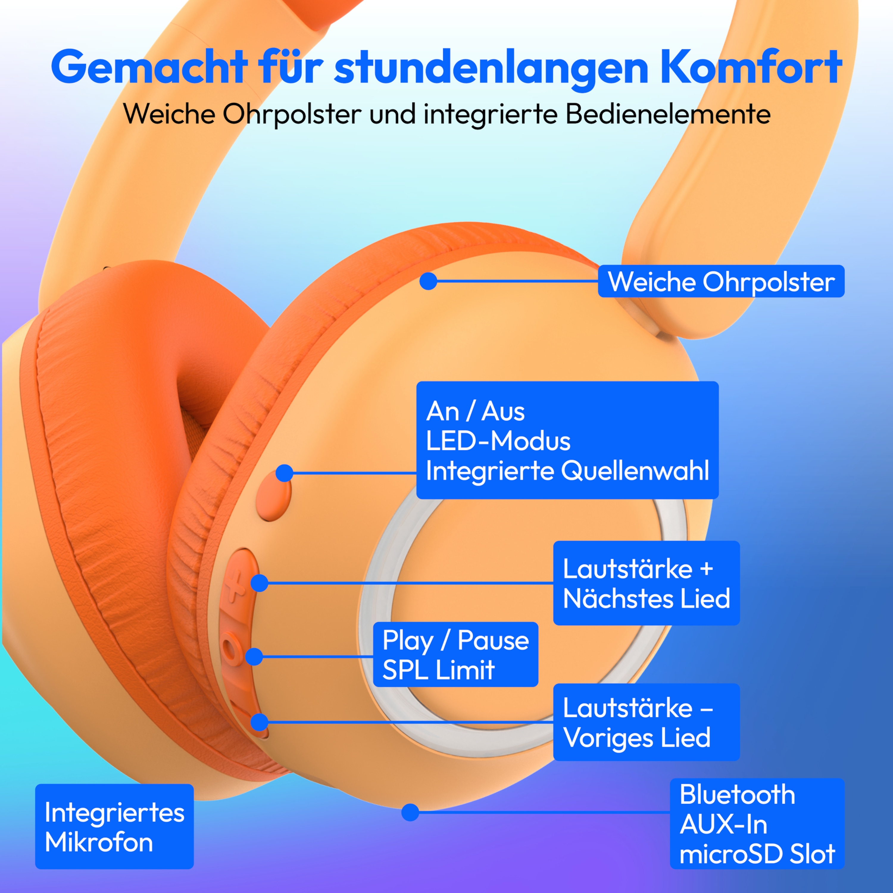 MEDION® LIFE HE-1 Kids Bluetooth Kinderkopfhörer, 3-stufiger Gehörschutz, bis zu 85 Std. Akkulaufzeit, MP3-Player, Bluetooth 5.4, AUX & microSD, LED-Lichtring, austauschbare Designs