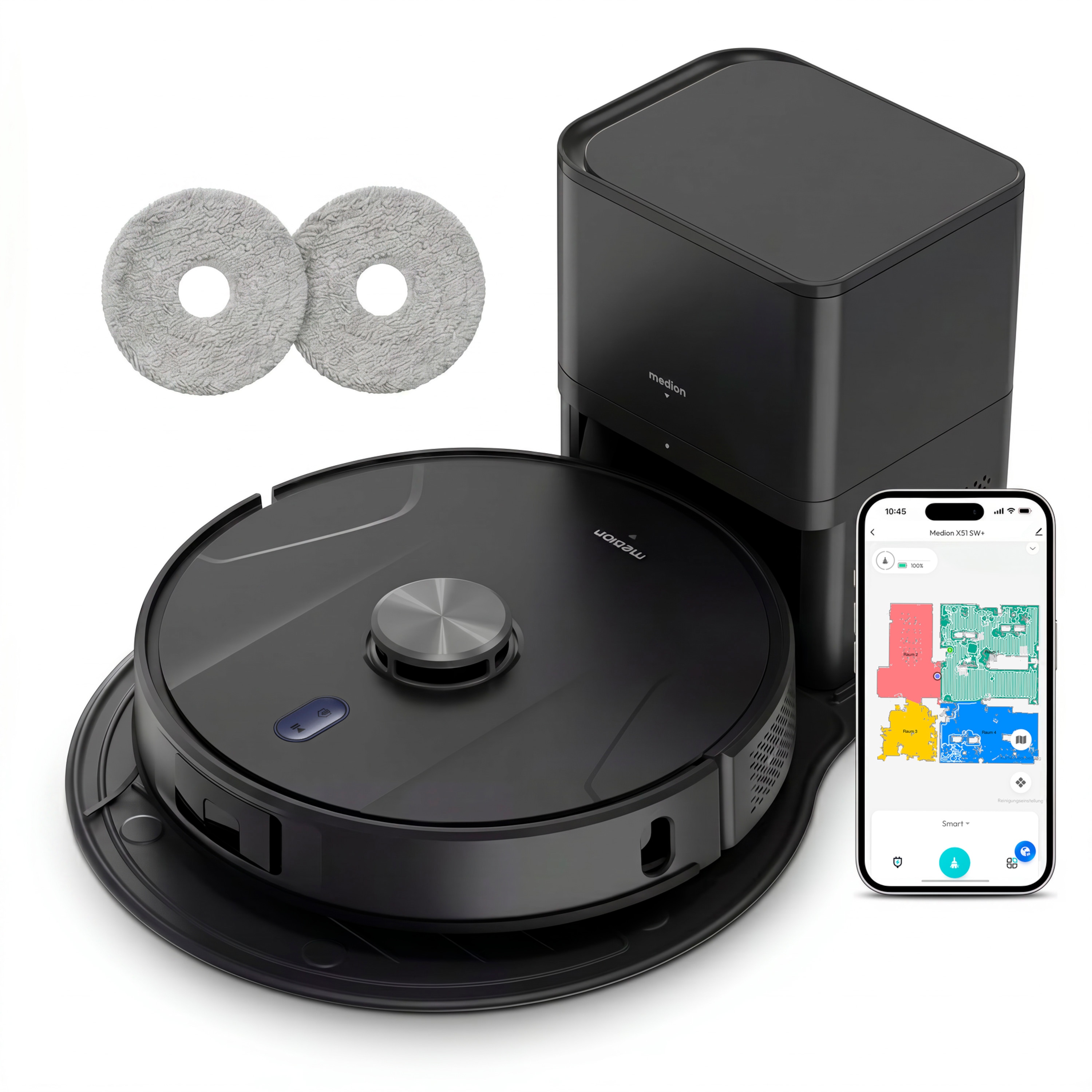 MEDION® Saugroboter mit 2-in-1 Absaugstation X51 SW+, Wischfunktion, rotierende Wischmopps, Lasernavigation, Hinderniserkennung durch Kreuzlinienlaser, starke 10.000 Pa Saugkraft, präzise Kartenerstellung