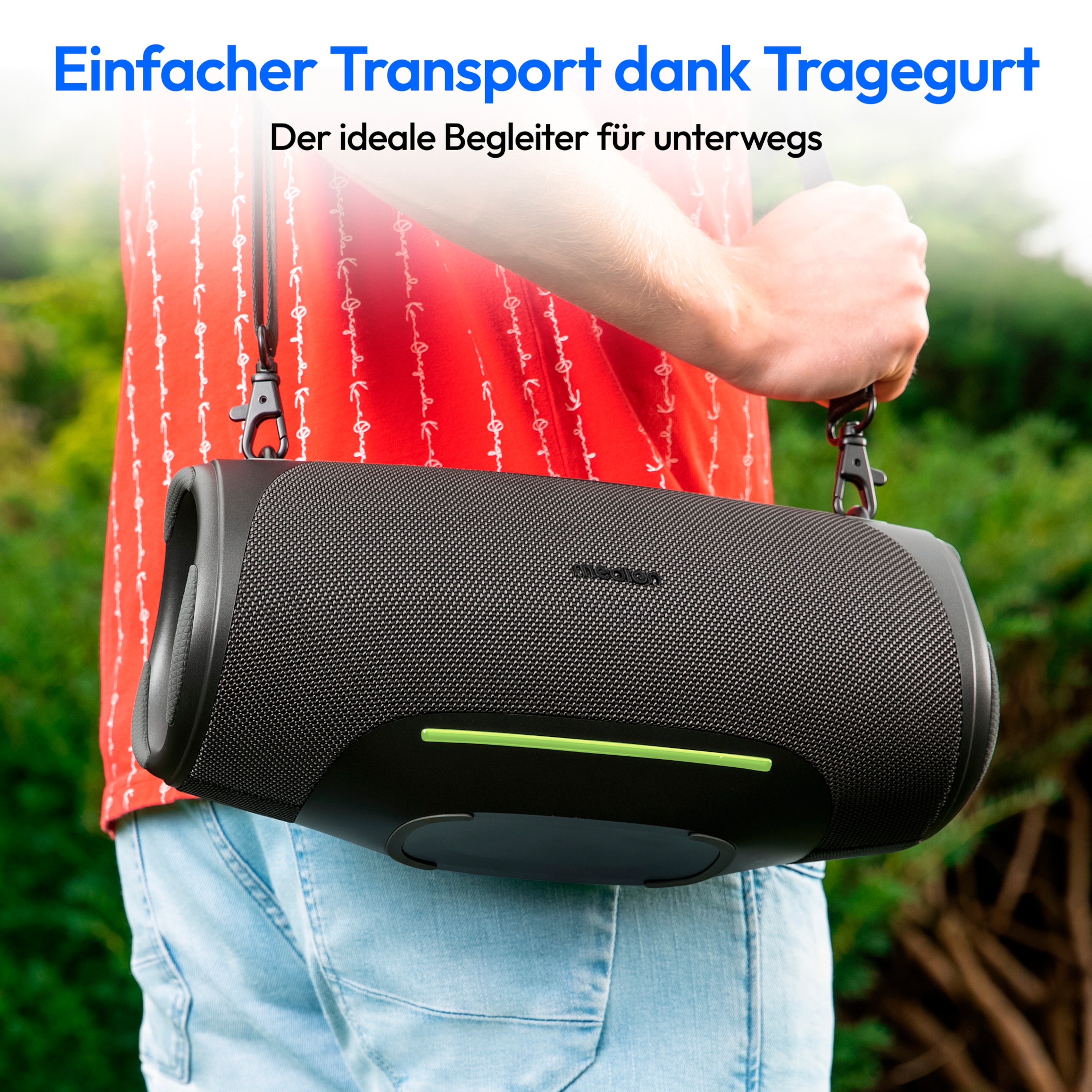 MEDION® LIFE® P61762 Tragbarer Bluetooth® Lautsprecher L, Dual Illuminated & Lightstrip (RGB-Lichteffekte), Bluetooth® 5.3, integrierter Akku mit bis zu 47 Stunden Laufzeit, robustes & mobiles Design, 2 x 25 W RMS