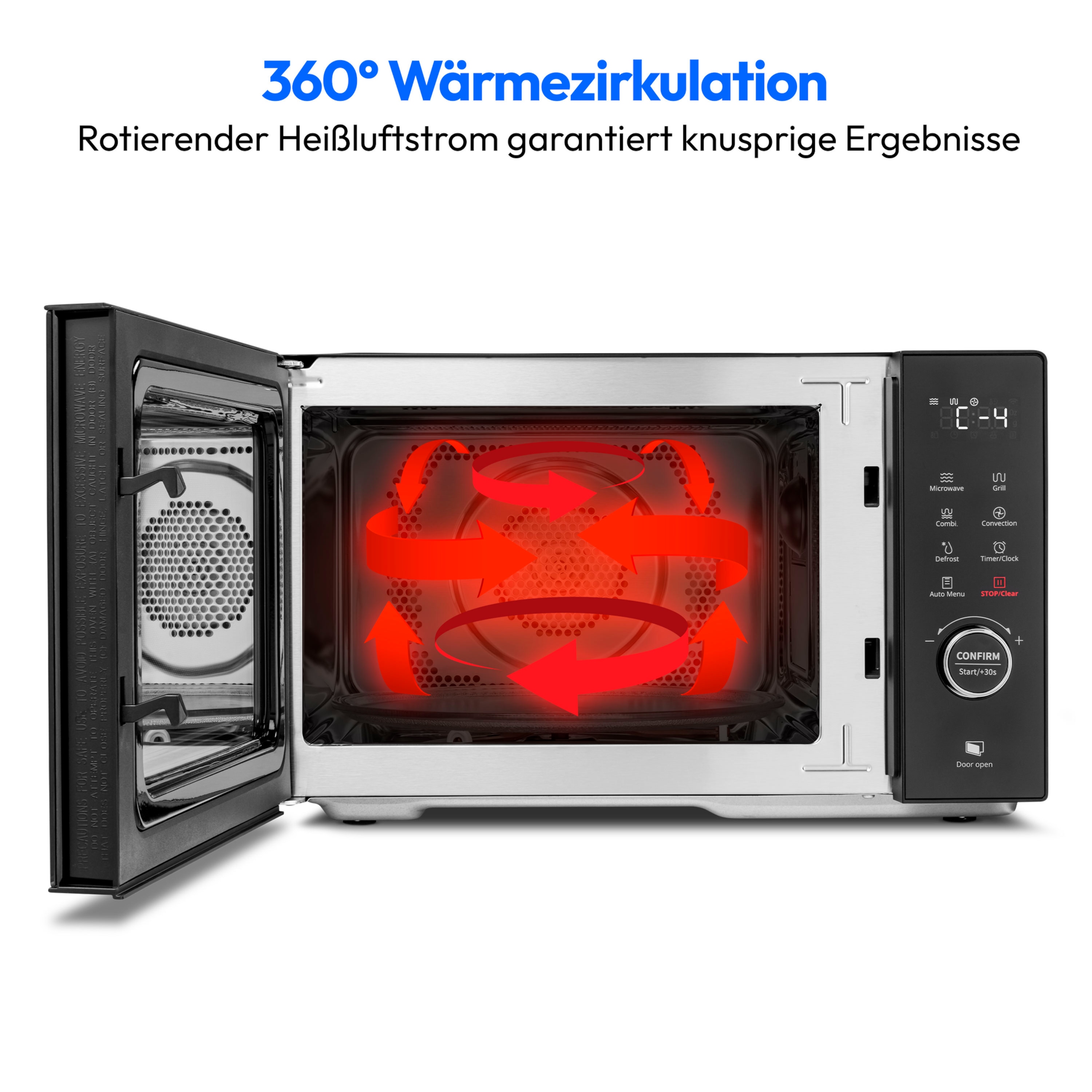 MEDION® LIFE® 3 in 1 Mikrowelle MD12031, 900 Watt Mikrowellenleistung, 1000 Watt Grillleistung, 1680 Watt Heißluftfunktion, Sensor-Touch-Türöffnung, 11 Automatikprogramme, 23 L Kapazität, 5 Leistungsstufen, digitaler 95 min. Timer, Auftaufunktion