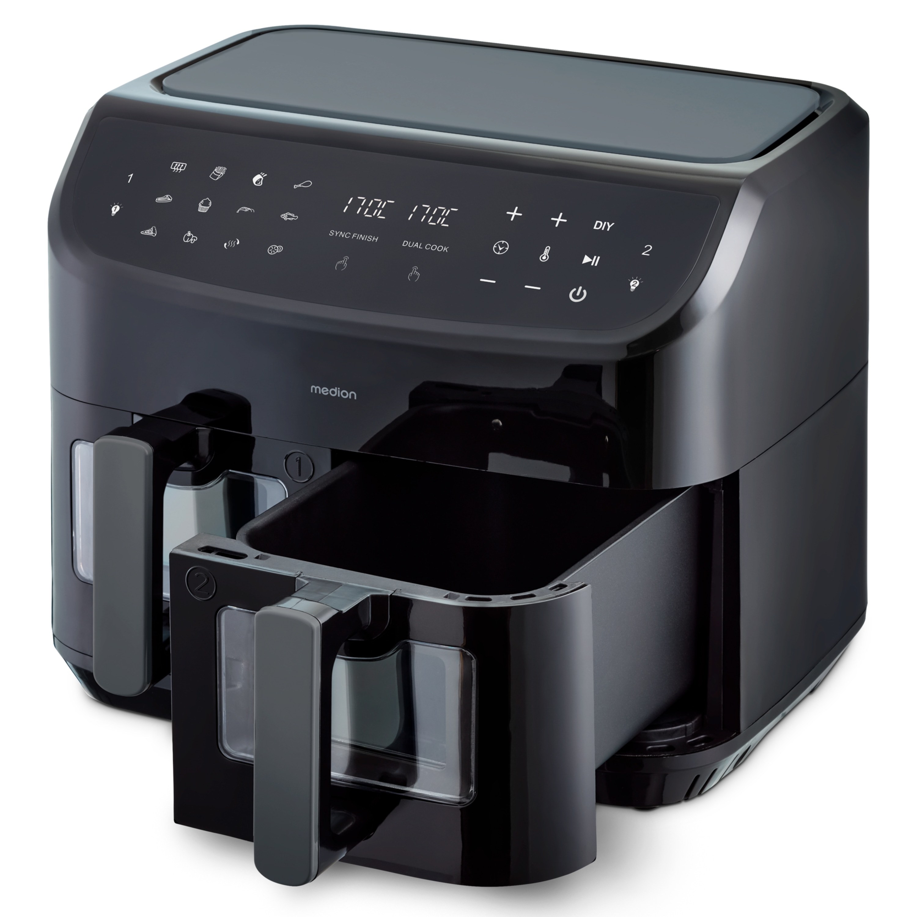 MEDION® LIFE® P20 XXL Twin Doppelzonen-Heißluftfritteuse MD 11760, 100 Rezepte in der Life+ App, 2 separate Garzonen, 9 Automatikprogramme, 8,7 L Gesamt-Nutzinhalt, 2.600 Watt, Temperatur einstellbar bis 200 °C