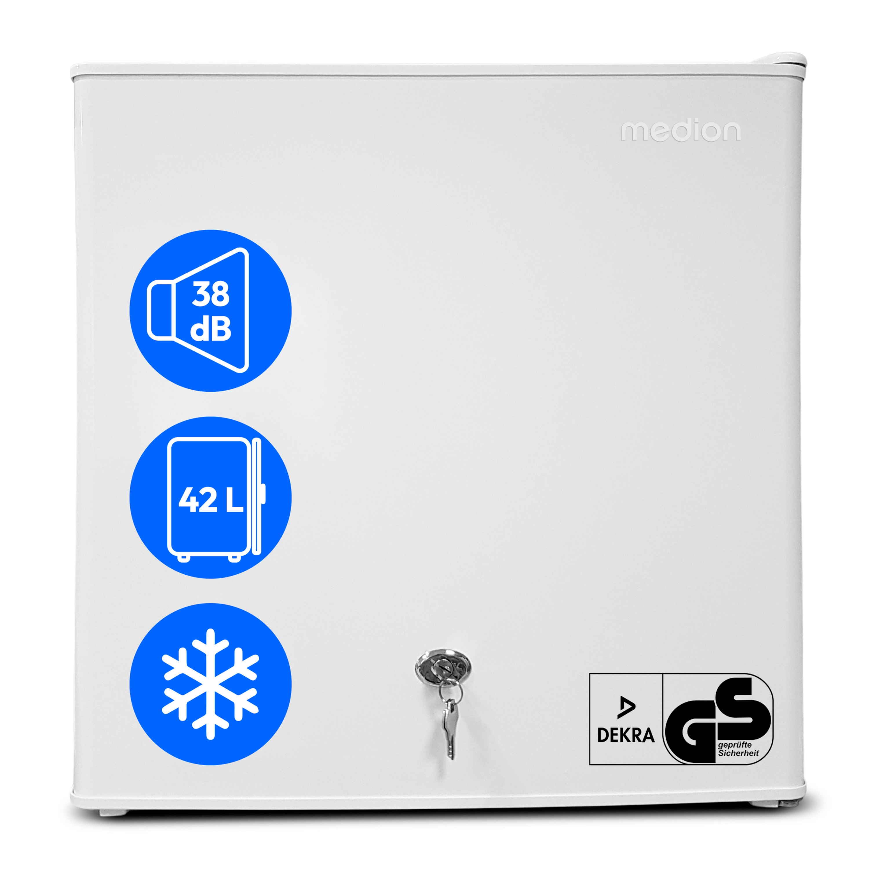 MEDION® LIFE Mini-Kühlschrank mit Eisfach und Schloss MD370001, 42 L Gesamtnutzinhalt (Kühlteil 37 L & Eisfach 5 L), wechselbarer Türanschlag, Schloss, geringer Geräuschpegel