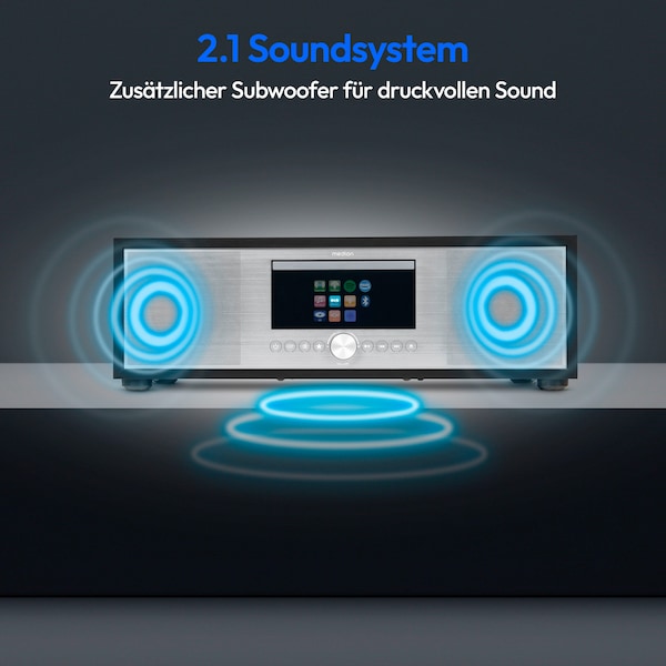 MEDION® LIFE P66400 All-in-One Audio System silber, LCD-Display 7,1 (2.8''), Internet/DAB+/PLL-UKW Radio, CD/MP3-Player, Bluetooth®, WLAN, RDS, 2.1 Soundsystem, 2 x 20 W + 40 W RMS