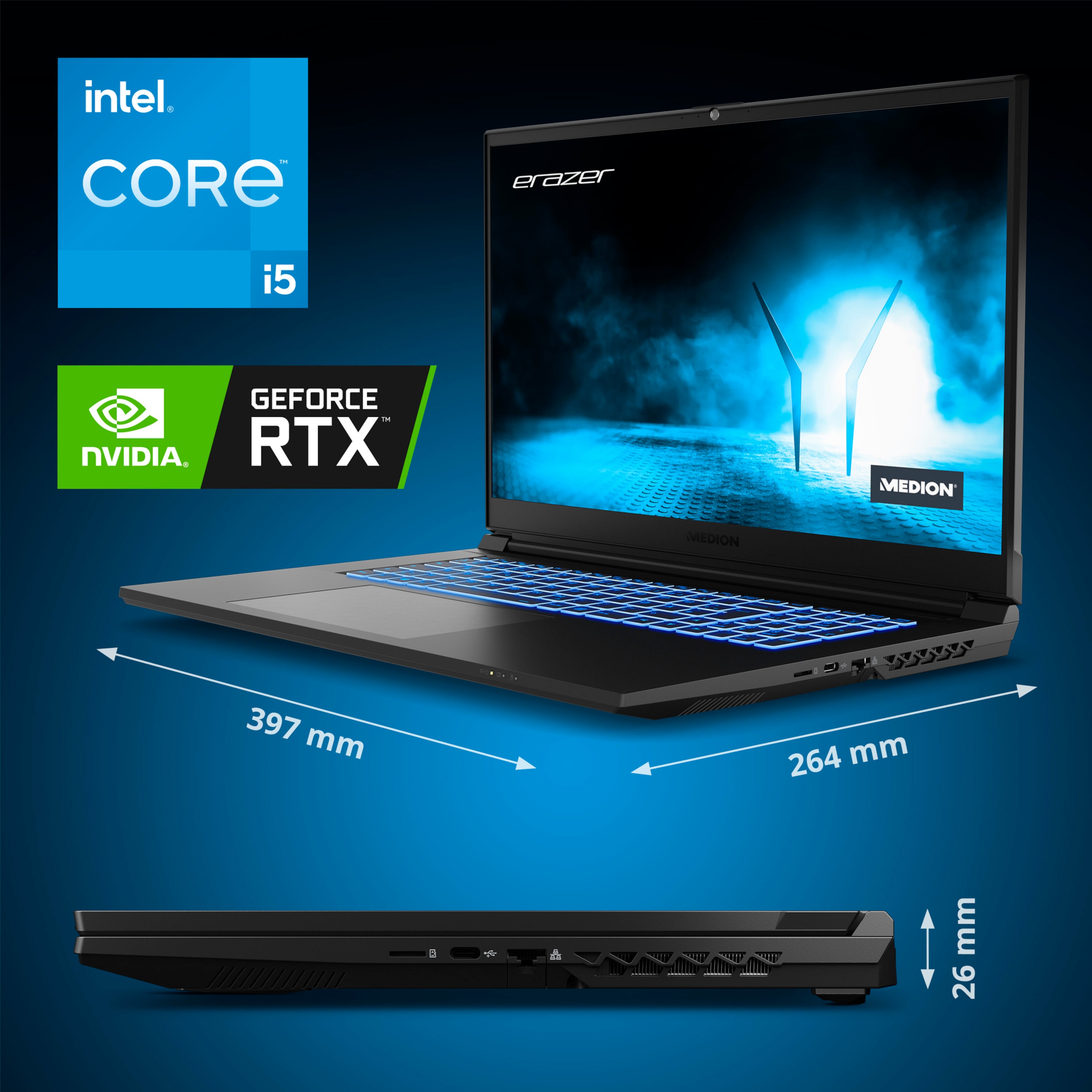 MEDION® ERAZER® Scout E10, Intel® Core™ i5-12500H, Windows 11 Home, 43,9 cm (17,3'') FHD Display mit 144 Hz, RTX™ 3050, 512 GB SSD, 16 GB RAM, Core Gaming Notebook