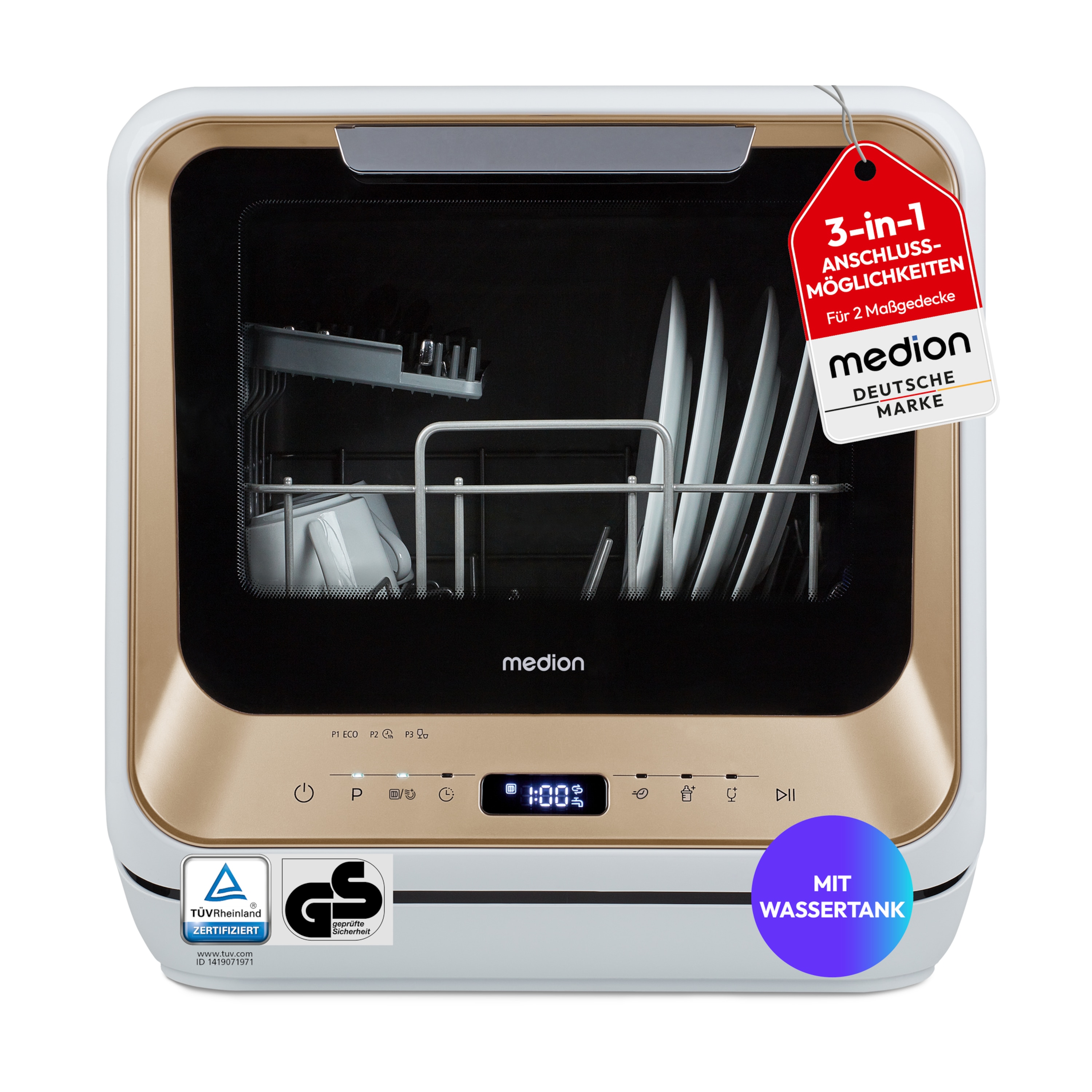MEDION® LIFE Mini Geschirrspüler DWT20 (MD370764), gold, für 2 Maßgedecke, 6 Reinigungsprogramme, mit und ohne Wasseranschluss, Startzeitvorwahl
