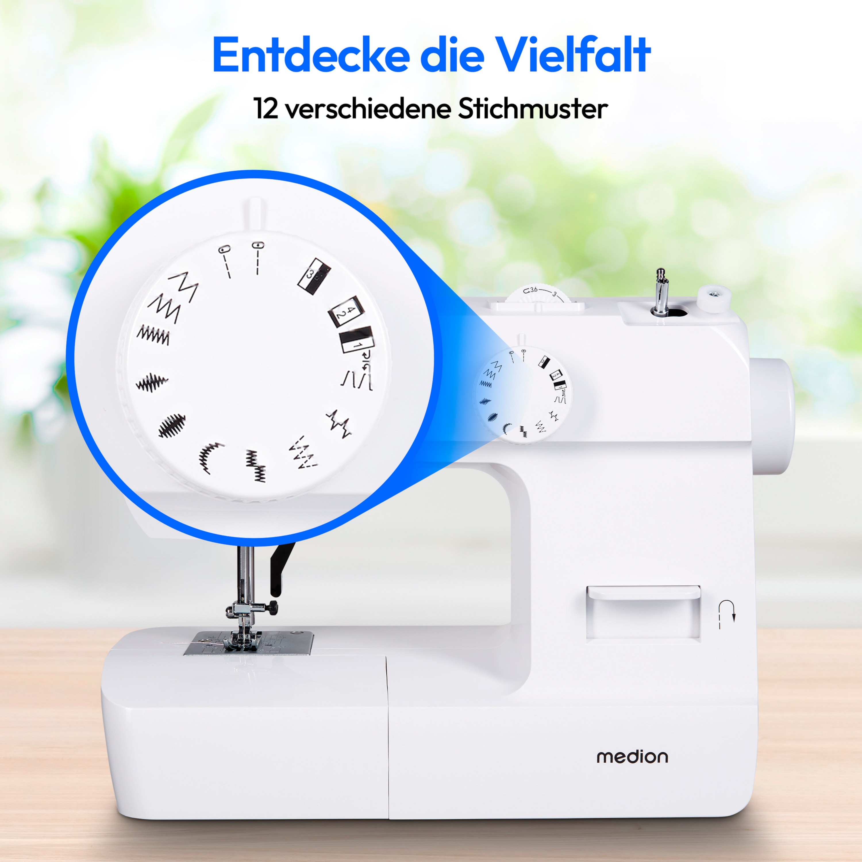 MEDION® LIFE Nähmaschine SM70 (MD 11179), 12 verschiedene Stickmuster, 4 Schritte Knopfloch, einstellbare Stichlänge, 70 Watt Motorleistung