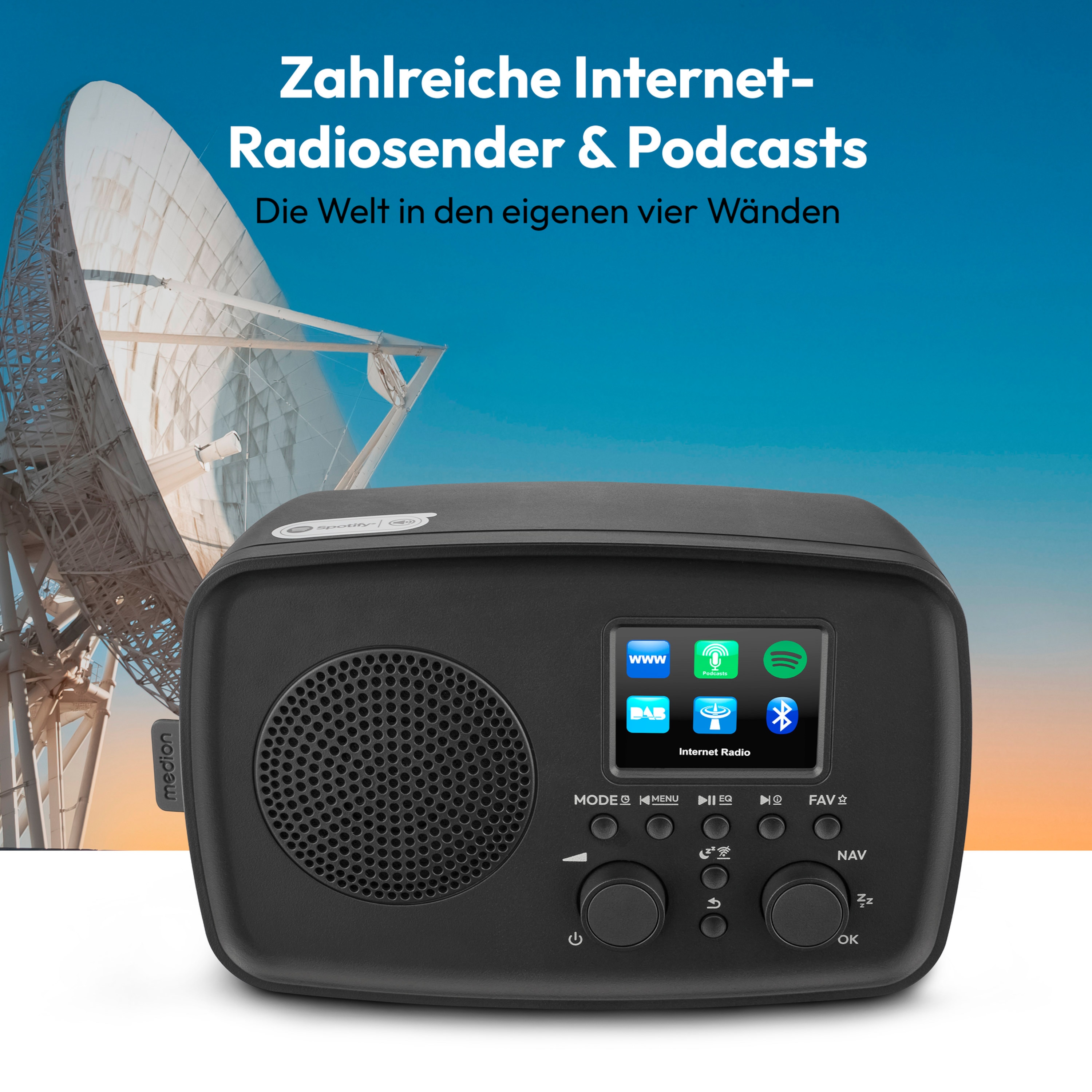 MEDION® MEDION LIFE Internetradio IRE-1 (MD89318), Empfang von über 40.000 Sendern & 20.000 Podcasts, 5 Watt (RMS), Bluetooth® 5.2 wireless technology, 2,4" (6,1 cm) TFT-Farbdisplay