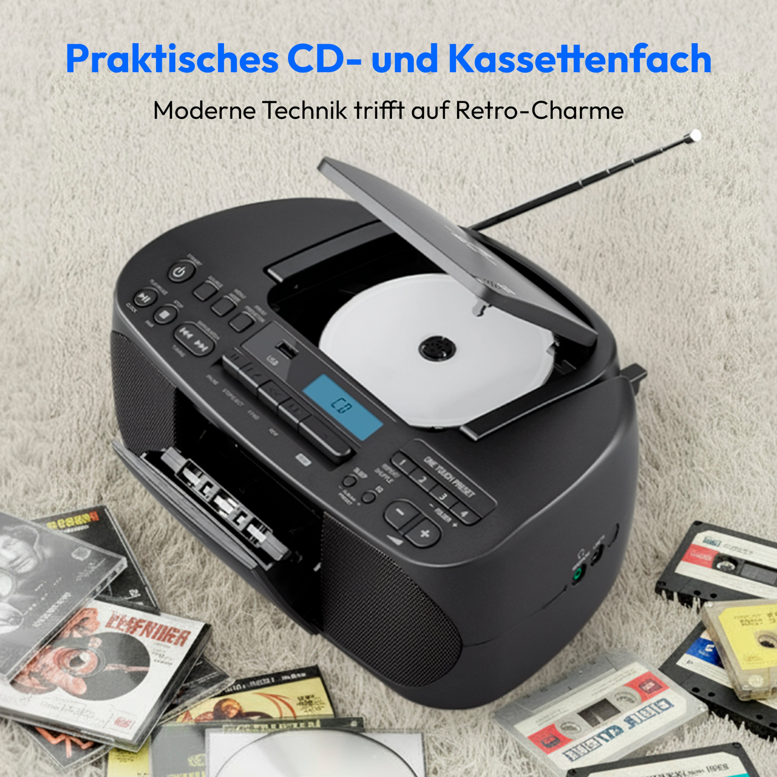MEDION® LIFE® DRX-1 Plus Boombox, DAB+/PLL-UKW-Stereo Radio, Bluetooth® 5.4, CD-Kassetten-Radio mit MP3-Wiedergabe, USB Anschluss, CD-R/RW kompatibel, AUX-In, 2 x 3 W RMS