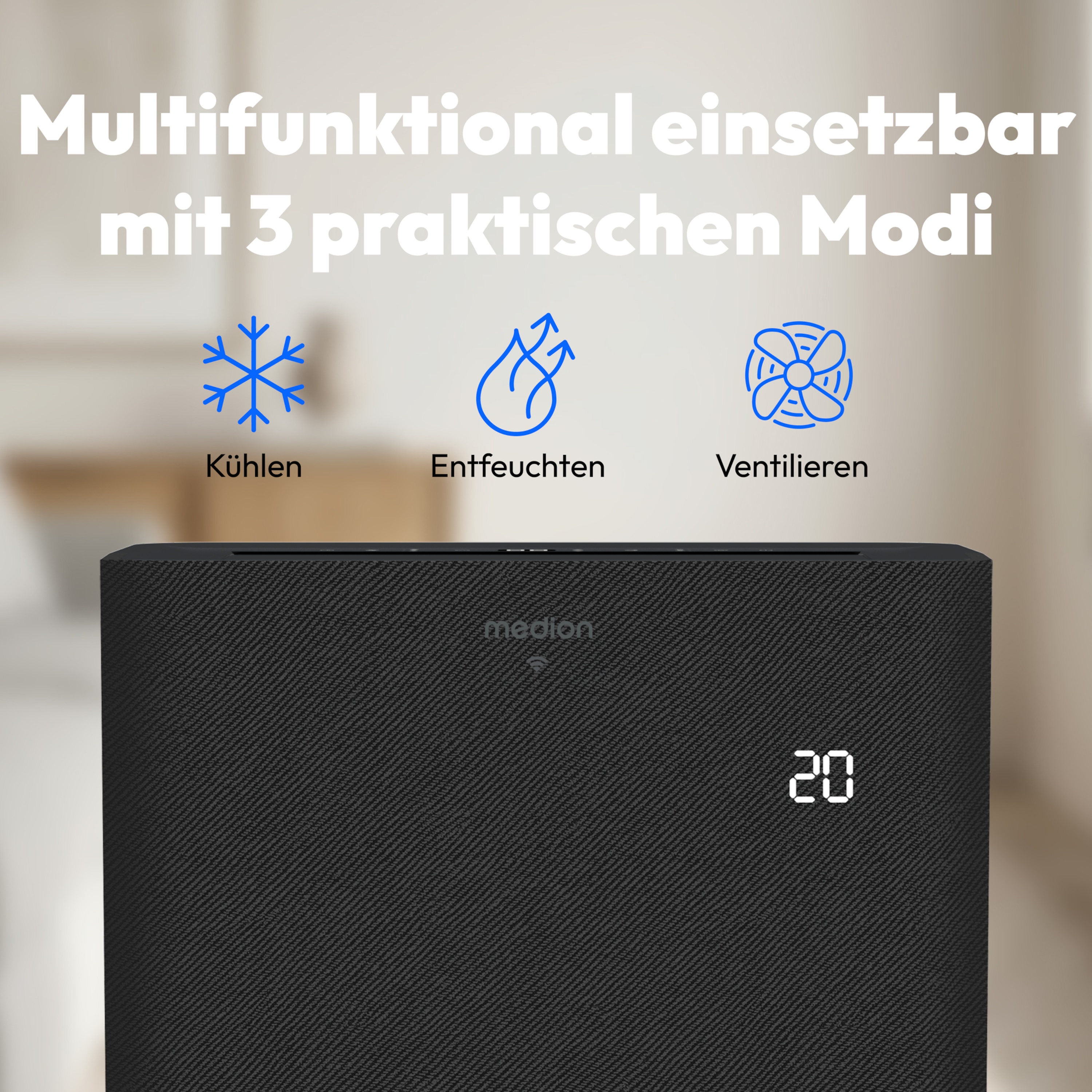 MEDION® LIFE® P1402 Klimaanlage (MD 100139), Kühlen, Entfeuchten und Ventilieren, 14.000 BTU Kühlleistung, Kältemittel R290, für Räume bis 50 m², App- und Sprachsteuerung, Auto-Swing-Funktion, inkl. Fenster-Kit