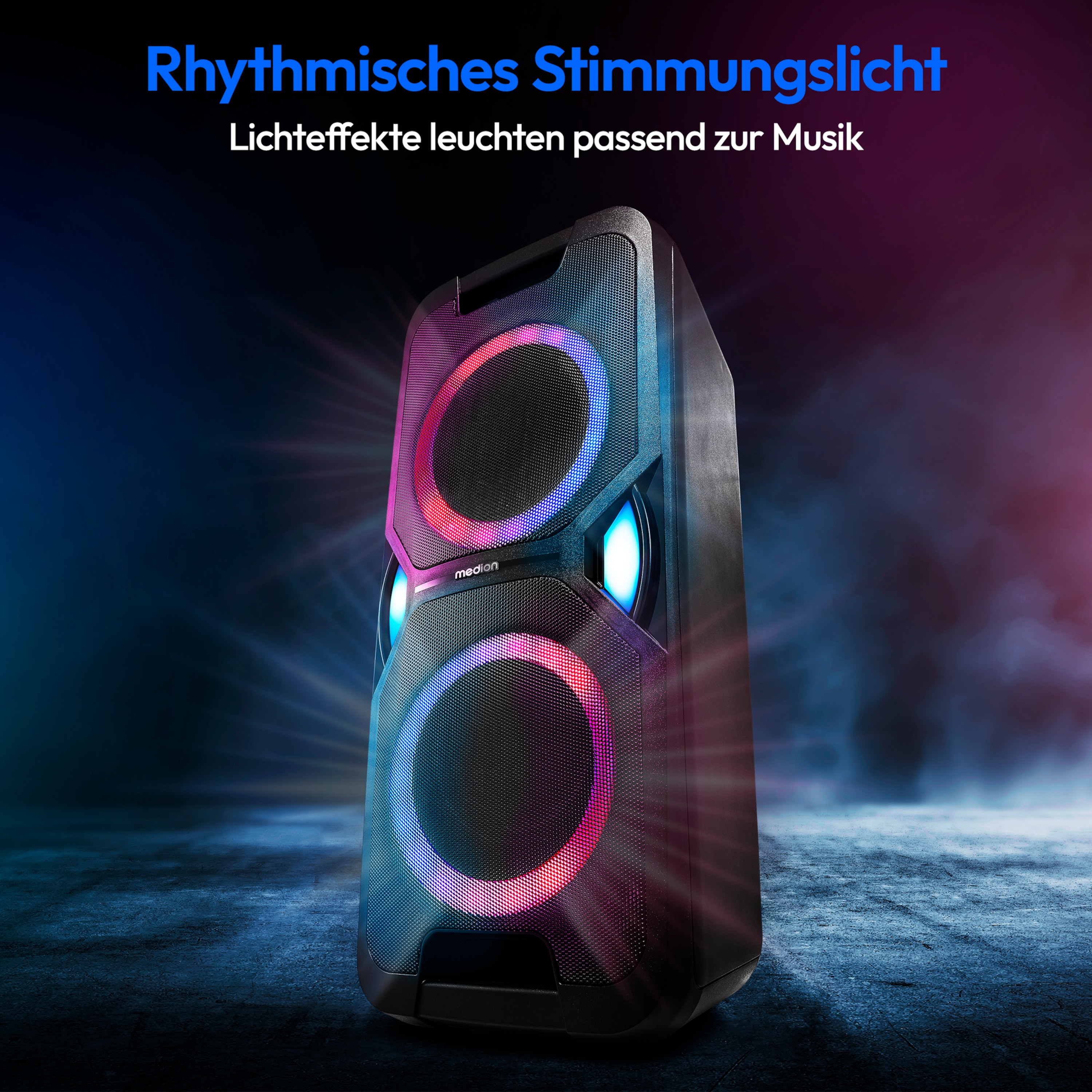 MEDION® LIFE® P61468 Partylautsprecher, PLL-UKW Radio, Bluetooth® 5.0, satter Sound, verschiedene Lichteffekte, X-Bass Bassanhebung, inkl. Mikrofon, 2 x 22 W RMS Ausgangsleistung