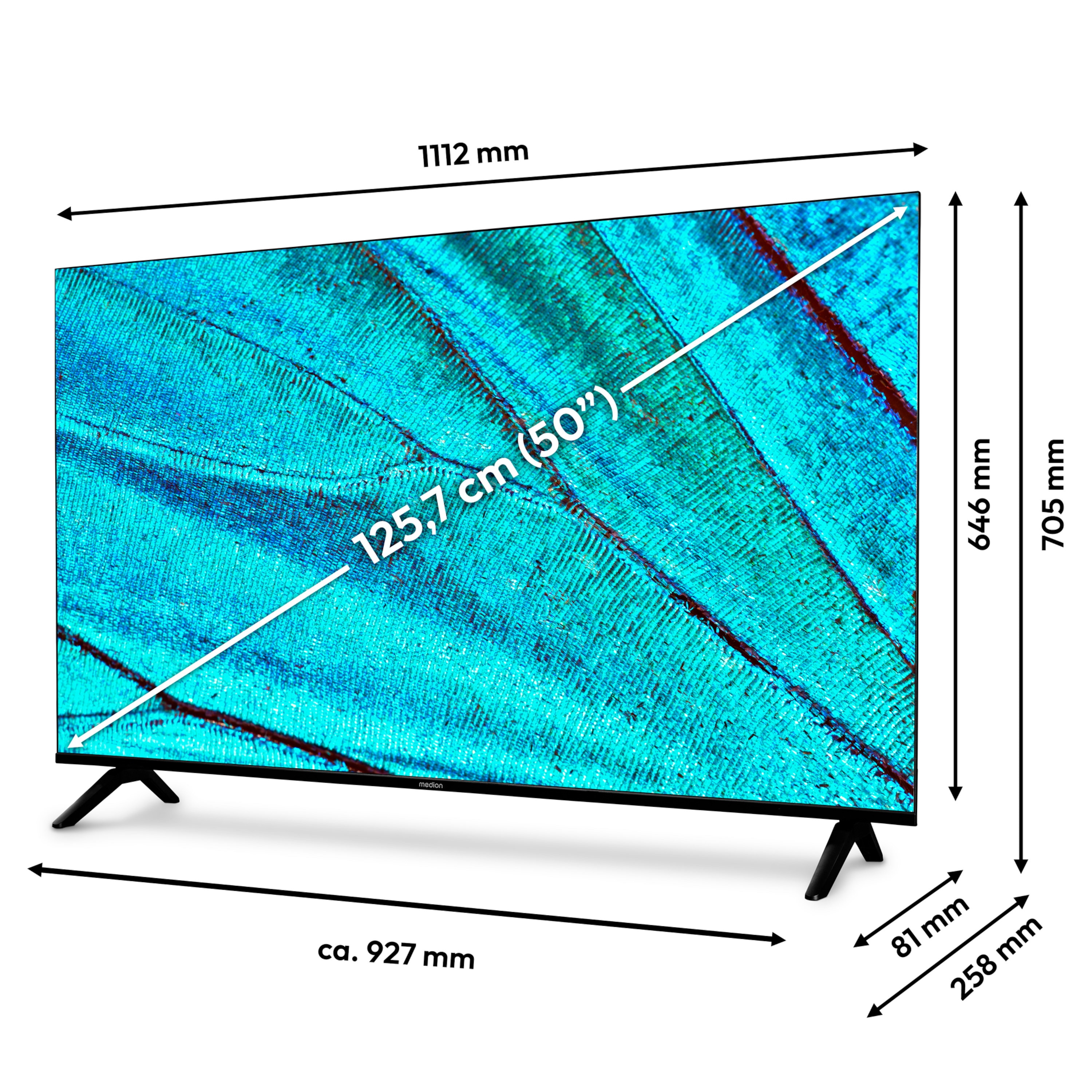 MEDION® LIFE® X8502500 (MD 850200) Ultra HD LCD Smart-TV, 125,7 cm (50'') Ultra HD Display, HDR, PVR ready, NETFLIX, Prime Video, Disney+, DAZN, Paramount+ App, VIDAA App Store, Bluetooth®, HD Triple Tuner, CI+ Schnittstelle