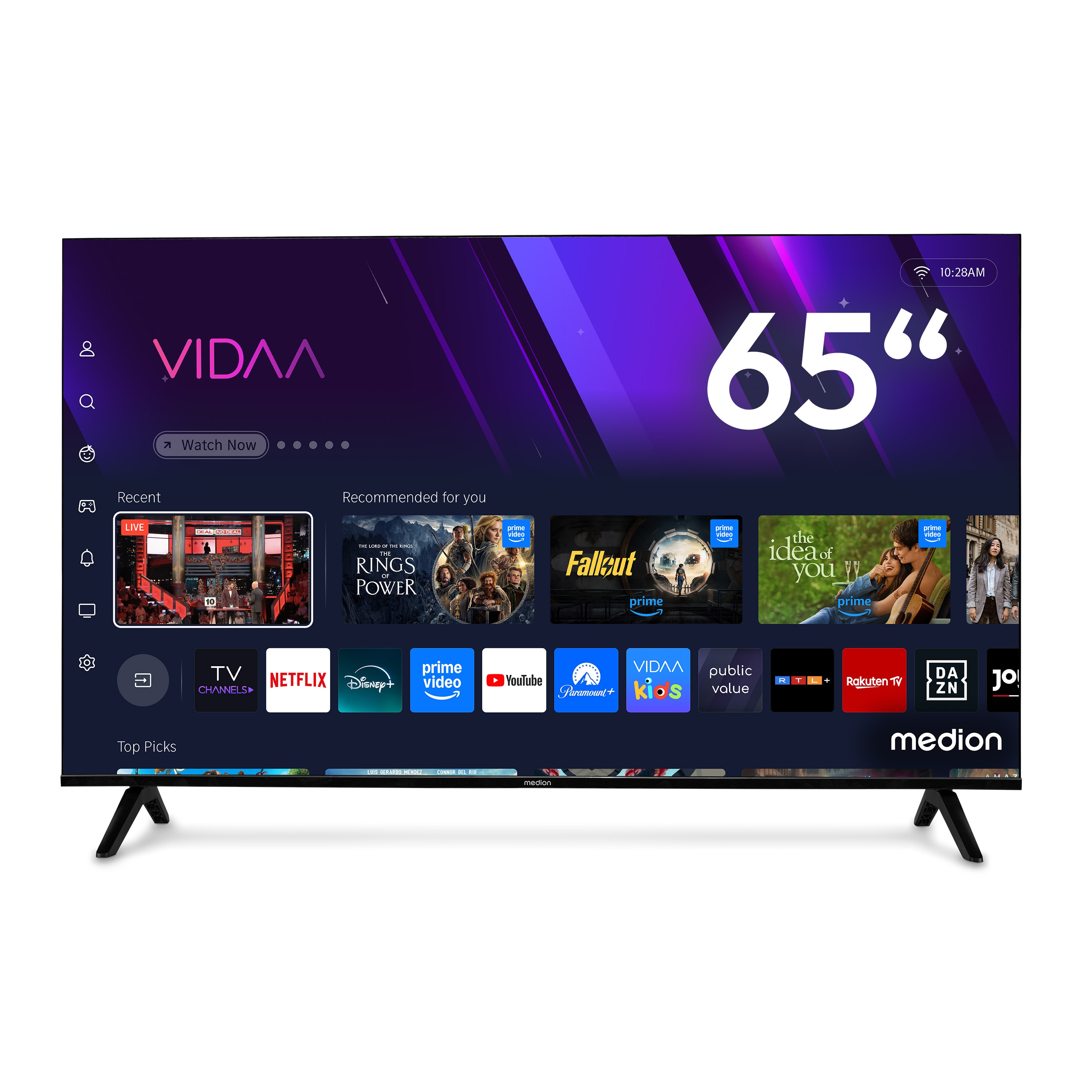 MEDION® LIFE MD 865301 Smart-TV, 163,9 cm (65") Ultra HD Display, HDR (High Dynamic Range), Dolby Vision®, MEMC, Bluetooth®, PVR ready, NETFLIX, Prime Video, Disney+, DAZN, Paramount+ App, VIDAA App Store, Dolby Atmos®, HD Triple Tuner
