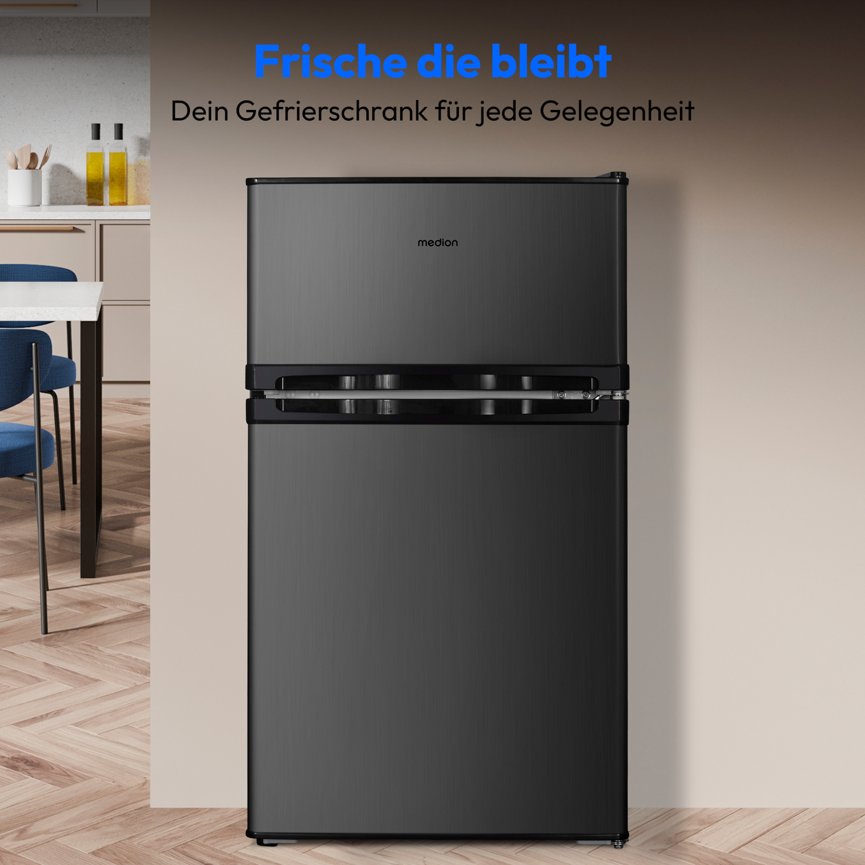 MEDION® LIFE® Mini Kühlschrank mit Gefrierfach MD 37689, Gesamtnutzinhalt 85 L,  Gefrierkapazität  2,4kg/24h, manuelle  Temperaturkontrolle