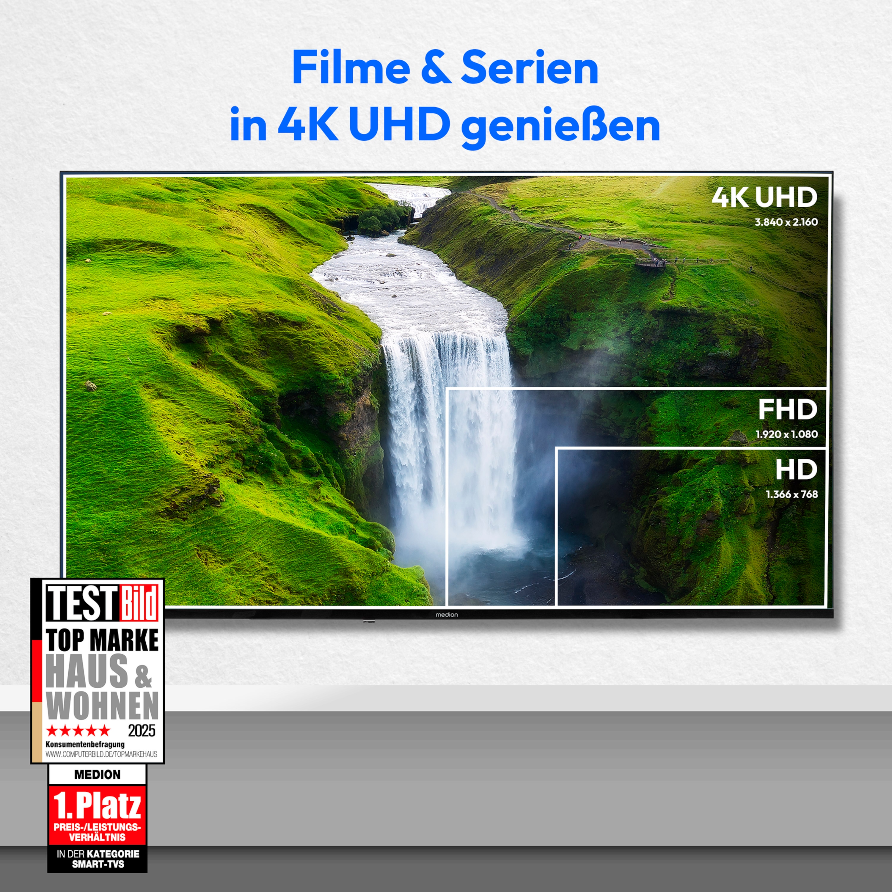 MEDION® LIFE® X8432500 (MD 843200) Ultra HD LCD Smart-TV, 108 cm (43'') Ultra HD Display, HDR, PVR ready, NETFLIX, Prime Video, Disney+, DAZN, Paramount+ App, VIDAA App Store, Bluetooth®, HD Triple Tuner, CI+ Schnittstelle