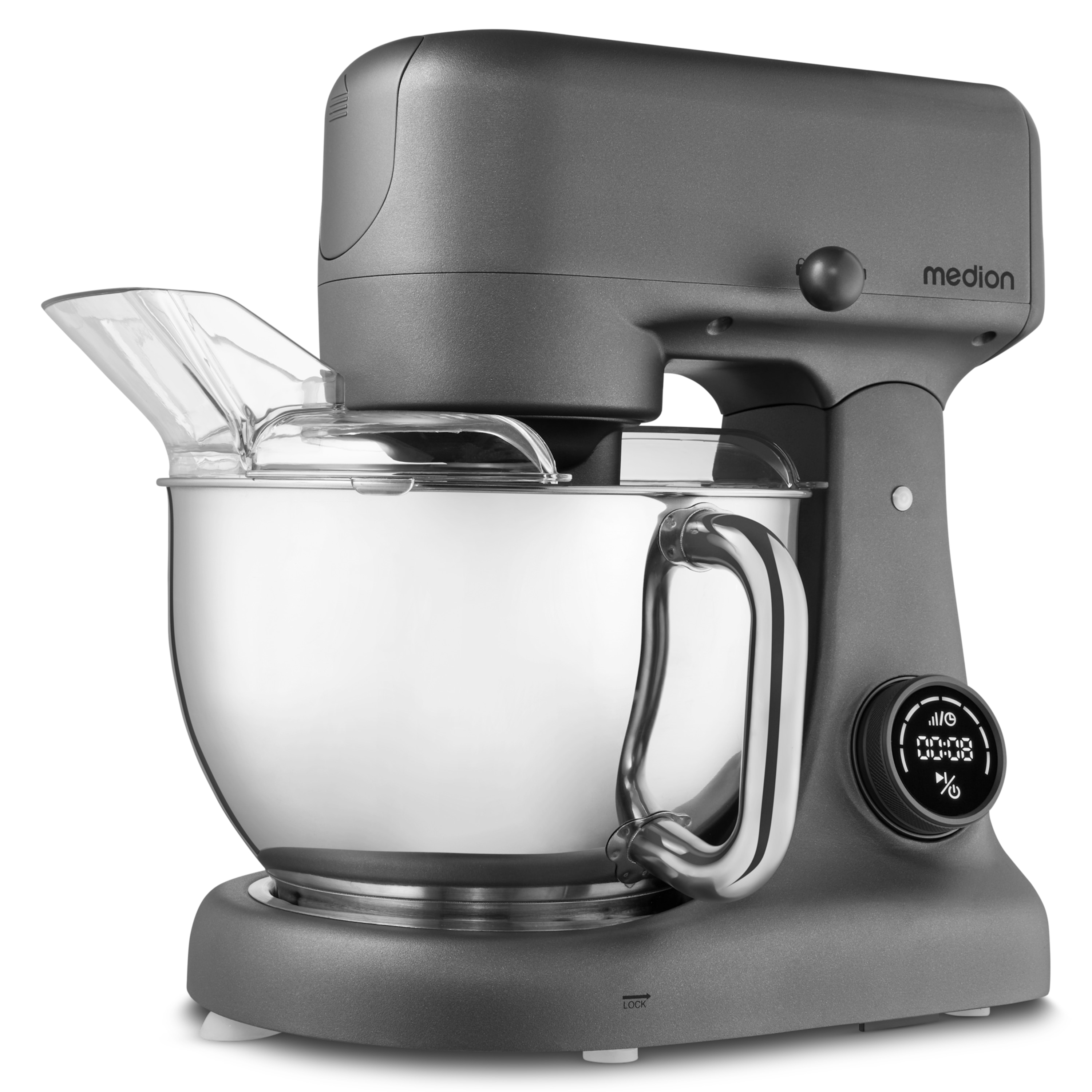 MEDION® LIFE Digitale Küchenmaschine MD12600, 800 W Gleichstrommotor, Energiesparend, Ultraleise, Digitales Sensor-Touch-Display, 4,6 L Edelstahlschüssel, Inkl. Fleischwolf