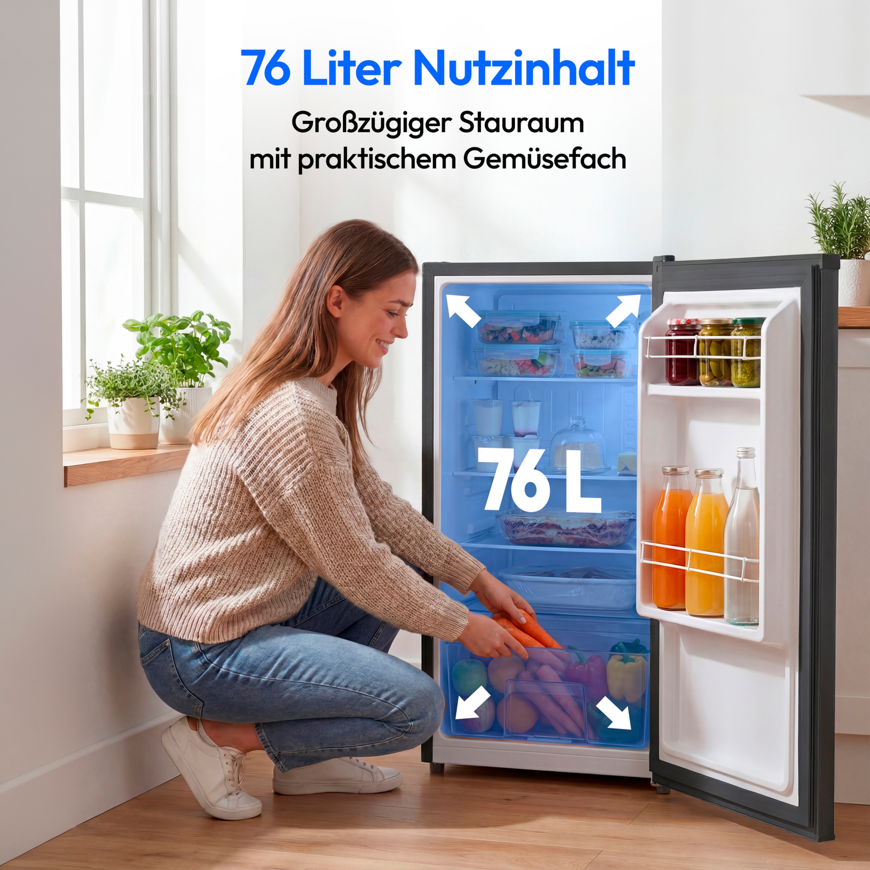 MEDION® LIFE Kühlschrank MD370009, 76 L Nutzinhalt, 3 Ablagen & 2 Türfächer, temperaturregulierbar (0–8 °C), wechselbarer Türanschlag, Energieklasse E