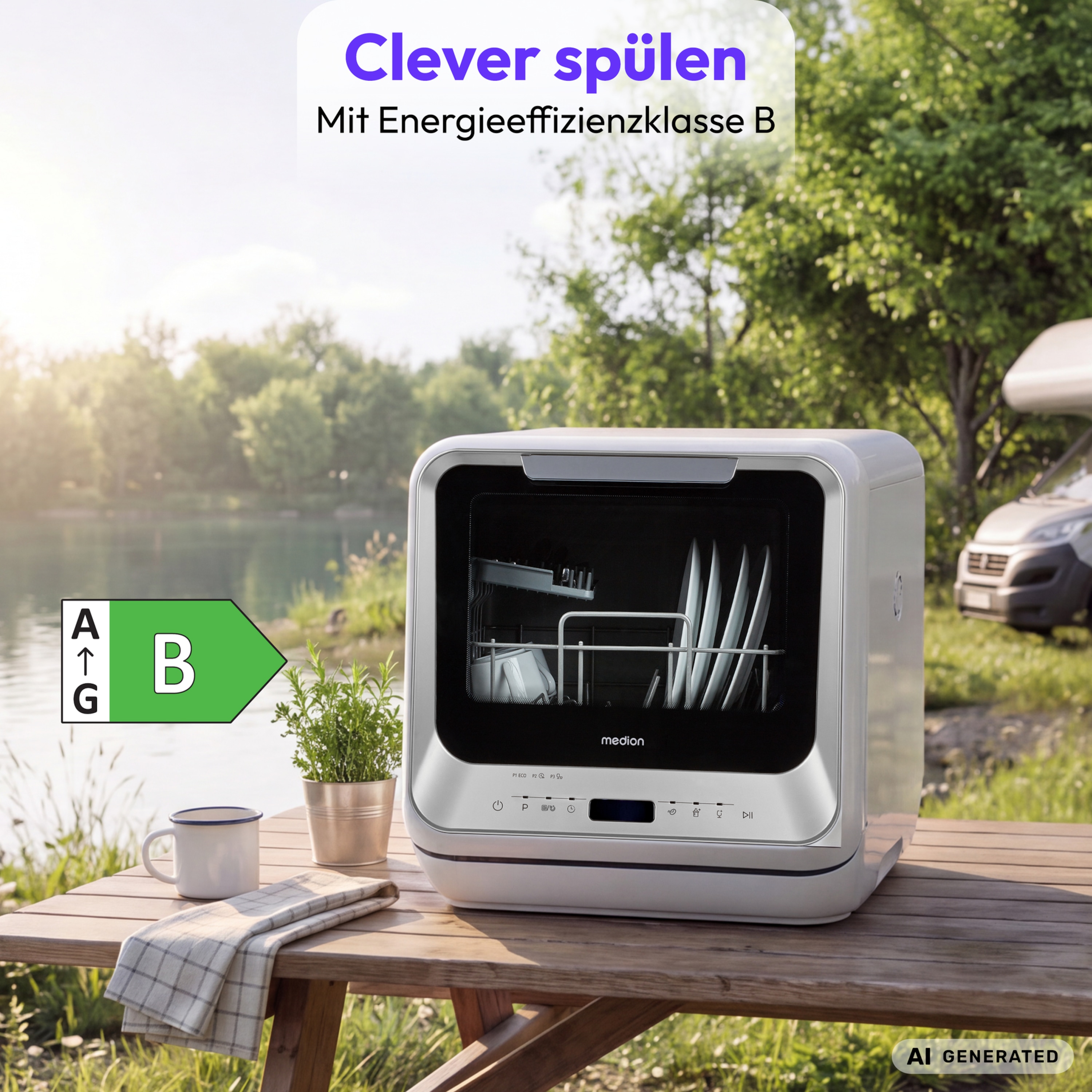 MEDION® LIFE Mini Geschirrspüler DWT20 (MD370764), silber, für 2 Maßgedecke, 6 Reinigungsprogramme, mit und ohne Wasseranschluss, Startzeitvorwahl