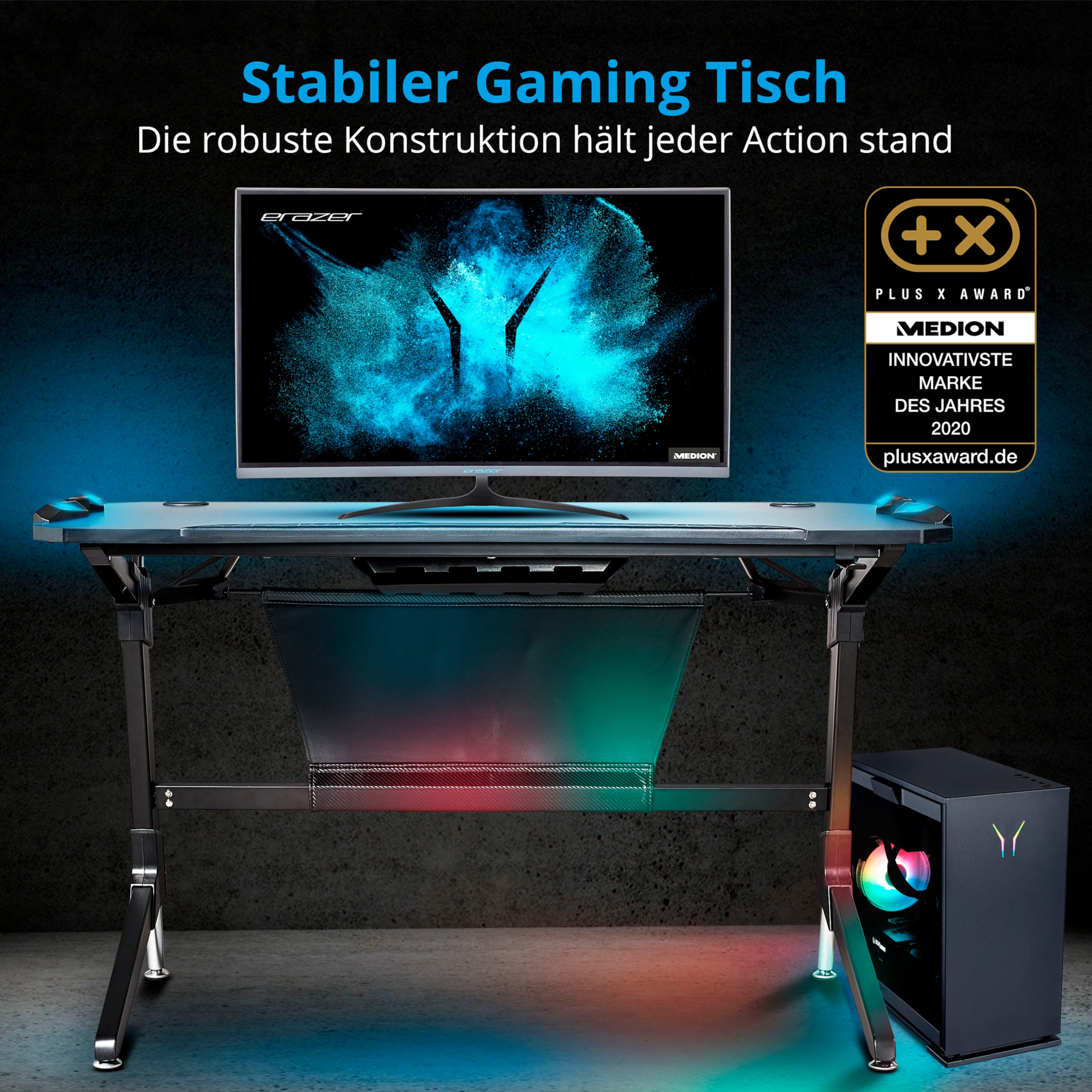 MEDION® ERAZER® X89020 E-Sport Gaming Tisch, perfektes Equipment für anspruchsvolle Gamer, Karbon Optik, Multi Color LED Beleuchtung, Kabelmanagement