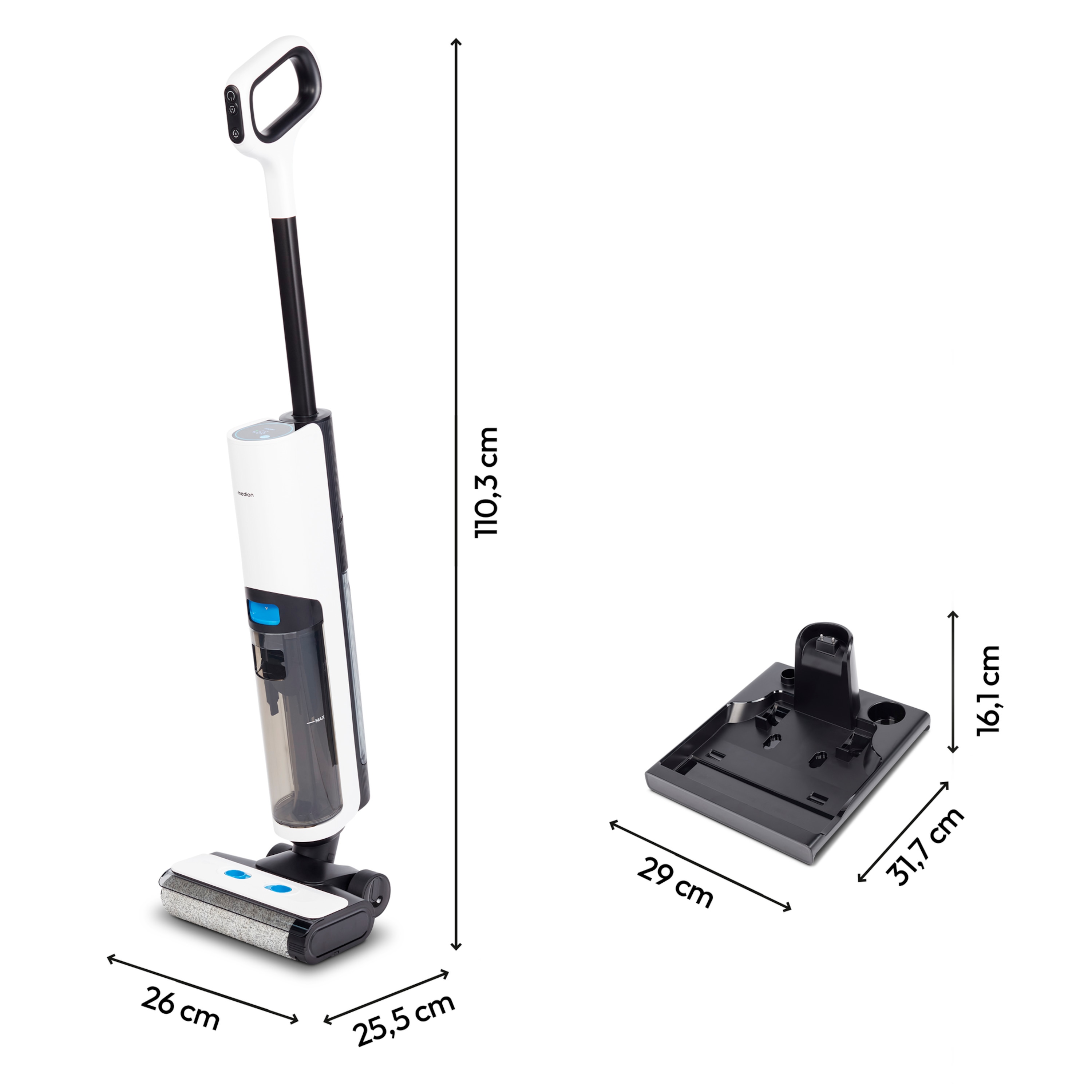 MEDION® LIFE H30 2in1 Hartbodenreiniger mit Saugfunktion, getrennter Frischwasser- und Schmutzwassertank, Selbstreinigungs- und Trocknungsfunktion, LED-Display, geeignet für alle Hartböden