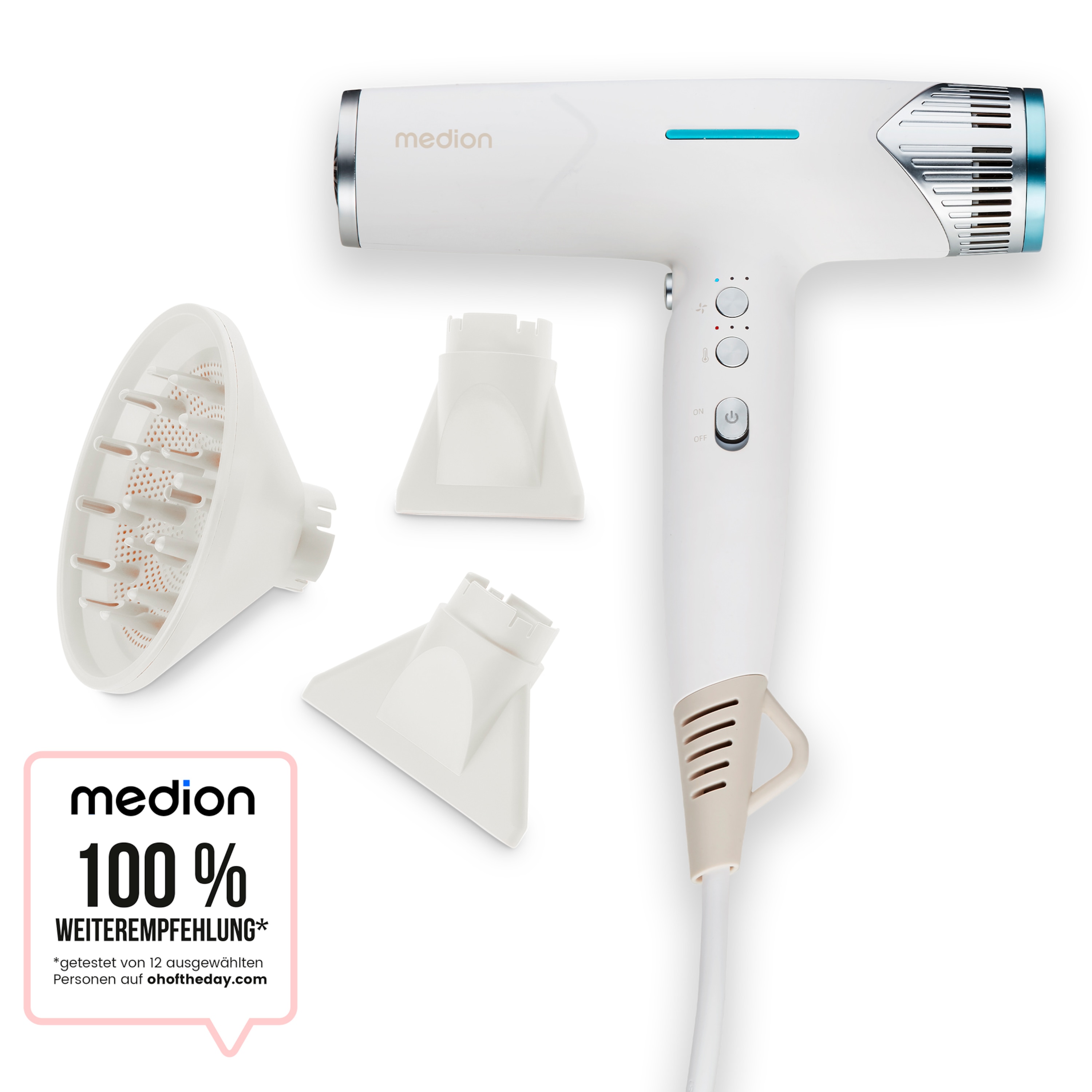 MEDION® LIFE HD2 Haartrockner mit Ionen-Technologie, 1.500 Watt, Selbstreinigungsfunktion, Vielseitige Aufsätze: Stylingdüsen und Diffusor, 3 Temperatur- und 3 Luftstromstufen