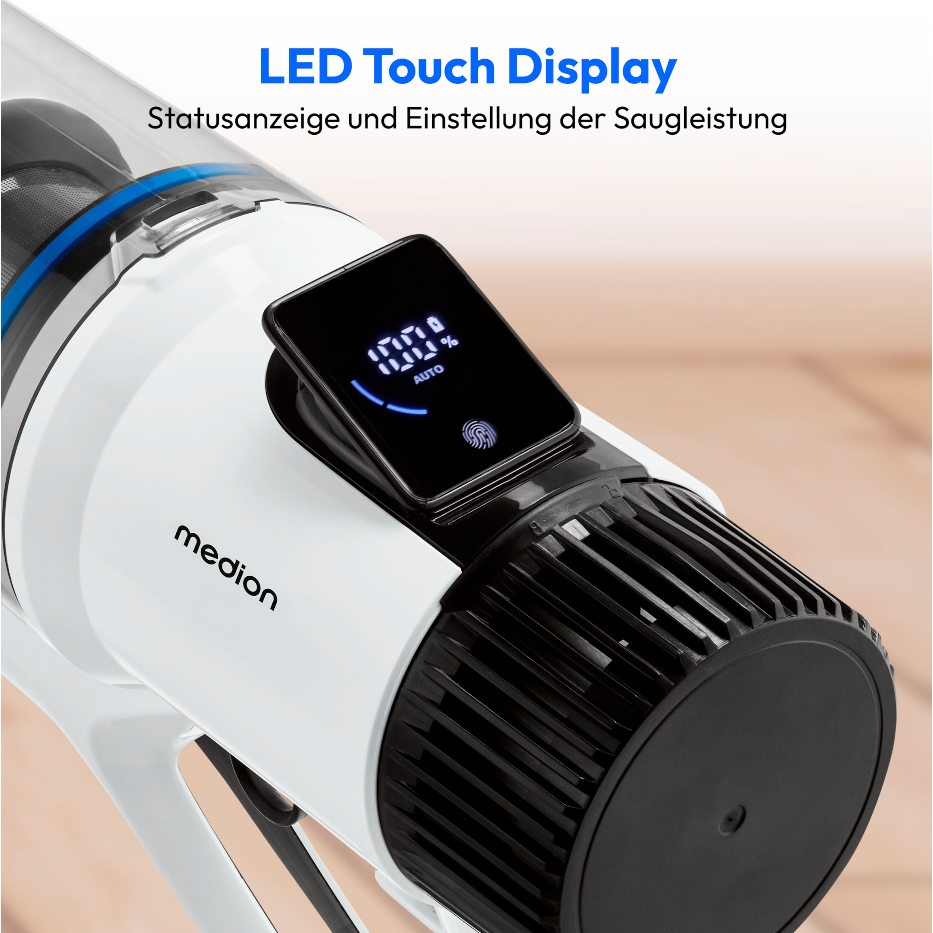 Medion® Stielstaubsauger, 400 W, beutellos, LED-Touch-Displ., Einstell. Saugleistung (Eco/Auto/Max)