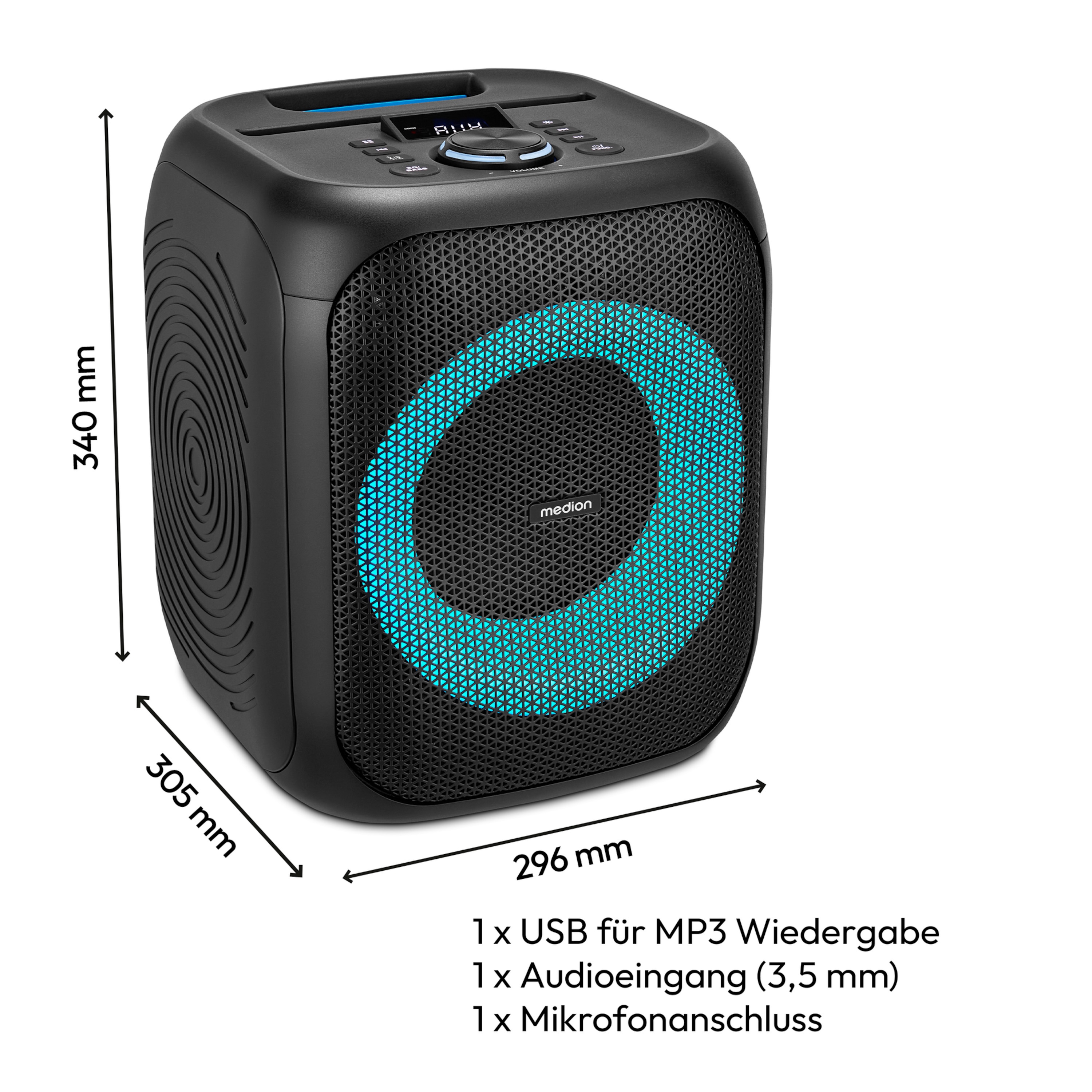 MEDION® LIFE® S61991 Partylautsprecher, tragbares Bluetooth®-Soundsystem. Bluetooth® 5.3 für kabellose Musikübertragung, verschiedene Lichteffekte, integrierter Akku, TWS-Funktion, 50 W RMS